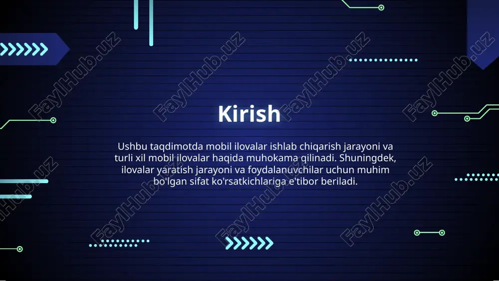 xshi ux foydalanuvchi maqsadlariga erishishda qulaylik yaratadi. bu dizayn, navigatsiya, va umumiy interfeys muvozanatiga bog'liq. foydalanuvchilarga oddiy va intuitiv interfeys bilan ishlashni ta'minlash muhimdir. muhandislik sifat standartlari muhandislik sifat standartlari mobil ilova ishlab chiqarishda qo'llaniladigan qoidalar va tartibda amal qilinishi lozim. iso 25010 talablaridan boshlab, dasturiy ta'minotni sifatini baholash uchun bir qator metodologiyalar mavjud. standartlar yordamida foydalanuvchilar uchun ishonchli, xavfsiz va funktsional ilovalar ishlab chiqish mumkin. xulosa mobil ilovalar ishlab chiqarish jarayoni bir qator muhim komponentlardan iborat. ilovalar turlari, sifat ko'rsatkichlari, va dasturlash tillari bu jarayonning ajralmas qismidir. ushbu taqdimotda keltirilgan ishtirokchilar mobil ilovalarni ishlab chiqishda innovatsion fikrlash, sifat standartlarini hamda foydalanuvchi tajribasini yaxshilash zarurligini anglab etgan bo'lsa kerak. image1.png image2.png image3.png