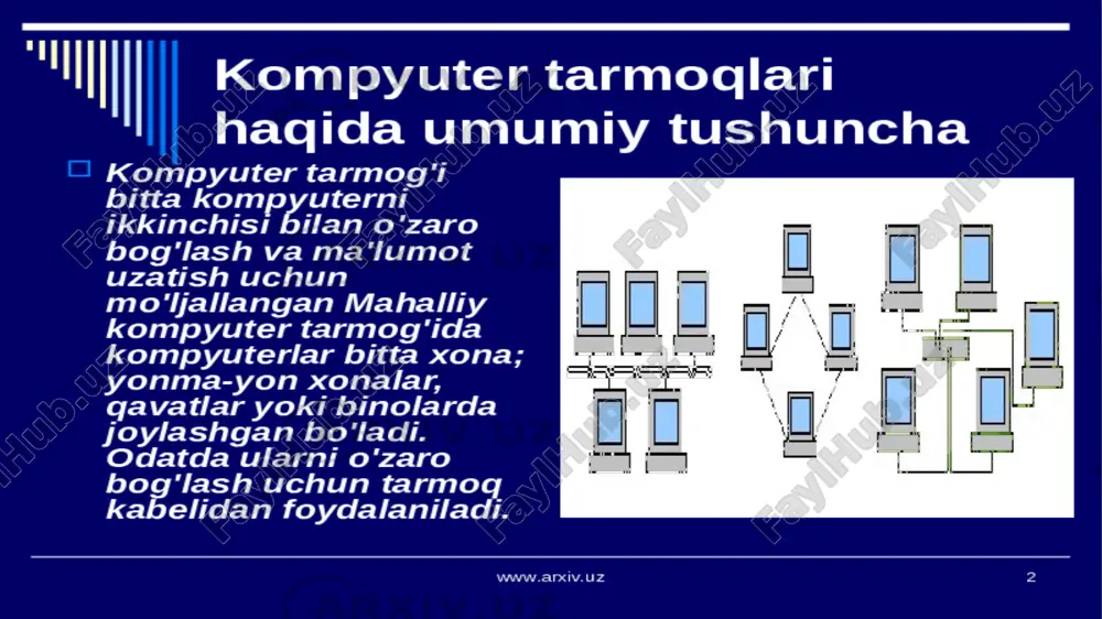 adi. bu yoʻnalish jadvali deb ataladi hamda routerning operativ xotirasidagi maʼlumotlar fayli hisoblanadi. har bir router yoki noddagi jadvalda yoʻlak boʻylab keyingi router yoki nodning manzili saqlanadi. routerning asosiy funksiyasi maʼlumotlar paketini o’z manziliga yoʻnaltirishdan iborat. bu router uni qayerga yuborishni bilishi kerakligini anglatadi, shu sababli u yoʻlak boʻylab keyingi punkt manzilini topish uchun yoʻnalish maʼlumotlarini qidiradi. bundan tashqari, u maʼlumotlar paketining safari uchun qaysi yoʻnalish optimal boʻlishi boʻyicha qaror ham chiqaradi. tarmoq qurilmalari tarmoq qurilmalari – bu tarmoqdagi kompyuter va boshqa qurilmalarni bir-biriga ulaydigan tarkibiy qismdir. bir-biriga ulanganidan keyin ular tarmoq ichida fayllar va resurslarni almasha oladi hub qurilmasi tarmoq alohida kompyuterlarning barcha signallari yuboriladigan markaziy punktga ega boʻlsa, muayyan turdagi tarmoq qurilmasi –hub (xab) yoki switch (svitch) kerak boʻladi. tarmoqdagi barcha kompyuterlarning kabellari ushbu qurilmaga ulanadi. xab va svich oʻxshashdek koʻrinsa-da, ular tarmoqdan qabul qilinadigan signallarga turlicha munosabatda boʻladi. svich svich xabarlarni xabga qaraganda ancha zukkolik bilan boshqaradi, …