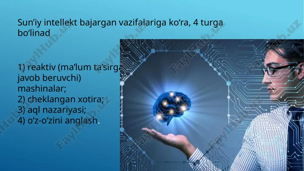 l nazariyasi sun’iy intellektning yanada rivojlangan turi bo‘lib, u insonlar his-tuyg‘ulari, e’tiqodlari, fikrlash jarayonlarini anglovchi va unga ma’lum bir munosabat bildiruvchi tizimlarni nazarda tutadi. olimlar bu tur ustida tadqiqot loyihalarini amalga oshirishmoqda. shu sababli hozircha sun’iy intellektning bu turiga oid biror dastur yoki texnologiya yaratilmagan. aql nazariyasi jamiyatga ko‘proq psixologiya sohasi bo‘yicha yordam berishi kutilmoqda. o‘z-o‘zini anglash sun’iy intellektning inson miyasiga juda yaqin turi bo‘lib, u mustaqil o‘rganish orqali rivojlanadi. turning imkoniyatlari nazariy jihatdan taxmin qilingan. o‘z-o‘zini anglash sun’iy intellektining yaratilishi inson aqliy darajasidan qisqa vaqt davomida o‘zib ketuvchi sun’iy tizimlarning paydo bo‘lishiga olib keladi. bu jarayonlarning hayotga tatbiq etilishiga esa bir necha o‘n yillar, hatto asrlar talab etilishi mumkin. insondan farq qilmaydigan robotlar o‘z-o‘zini anglash xususiyatiga ega sun’iy intellekt asosida yaratiladi. sun’iy intellektning bu turi insoniyat sivilizatsiyasining rivojlanishiga yoki uning falokatiga sababchi bo‘lishi mumkin. shu boisdan ham yaratilayotgan sun’iy intellekt texnologiyalari va inson o‘rtasidagi munosabatlarning to‘g‘ri shakllantirilishi bashariyat oldidagi …