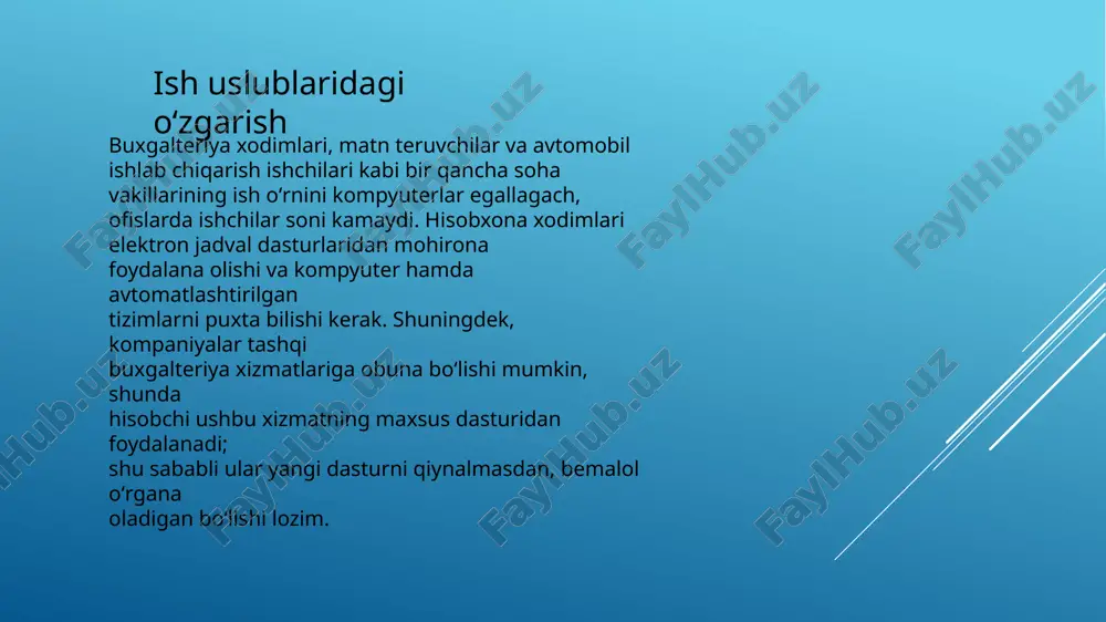 omobilning turli qismlarini qurish yoki yigʻish, liniyaning qaysi qismida ishlayotganingizga qarab, turli amaliy koʻnikma va bilimlarni talab qilardi. har bir mutaxassis ishchi oʻzining muayyan sohasi boʻyicha oʻqigan boʻlishi kerak edi. yig’ish liniyasida esa, yuqori standartga qaramasdan, ular bajaradigan yagona narsa shu boʻlardi. ish joylaridagi atga ixtisoslashuv bugunning at tizimlari ish joyida yanada ixtisoslashgan kompyuter koʻnikmalari va qobiliyatlarini talab qiladi. dunyodagi talab eng yuqori boʻlgan ishlarning 80% at sohasiga aloqador. ish turlari jadallik bilan oshib bormoqda, chunki har bir ish turi juda ixtisoslashgan at koʻnikmalari va qobiliyatlarini talab qiladi. bularning baʼzilari “bir umrlik” ish emas, aksincha, qisqa muddatli shartnoma asosidagi ishga aylangan. bundan tashqari, baʼzi ixtisoslashgan at amaliy koʻnikmalari kishini qisqa muddat ichida dunyoning bir chekkasidan ikkinchi chekkasiga olib bora oladi. muqobil ravishda, kishilar dasturlash boʻyicha ilmiy daraja dasturida oʻqigan boʻlishi shart emas, balki bepul mooc (massive open online courses - ommaviy ochiq onlayn kurslar)dan biri orqali veb-ilovalar yoki maʼlumotlar bazasi …