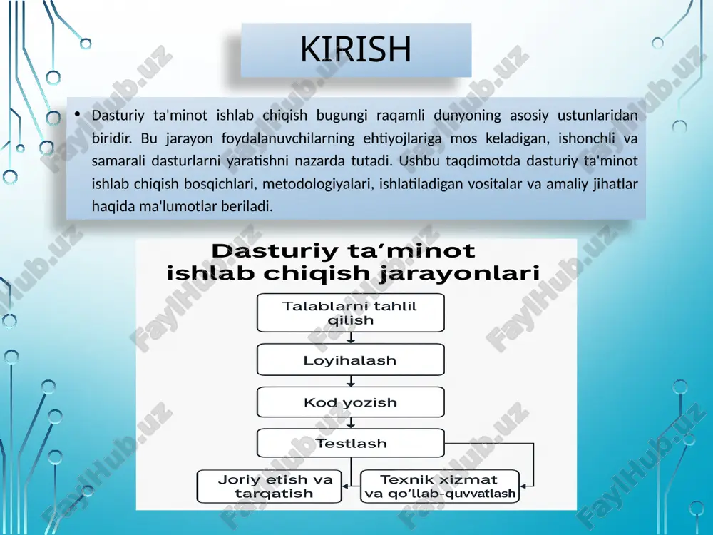 d sifati, modullik, qayta ishlash imkoniyati muhim rol o‘ynaydi. kodlar versiya nazorati tizimlarida saqlanadi (masalan, git). testlash jarayoni testlash — bu dasturiy ta'minotni xatoliklar, kamchiliklar va noto‘g‘ri ishlash holatlarini aniqlash uchun sinovdan o‘tkazish bosqichidir. asosiy test turlari: birlik testlari (unit testing), integratsion testlar, tizim testlari va qabul qilish testlari (acceptance testing). testlash avtomatlashtirilgan bo‘lishi ham mumkin. joriy etish va tarqatish dasturiy ta'minot tayyor bo‘lgach, u ishlab chiqarish muhitiga joriy etiladi. bu jarayonda o‘rnatish (deployment) skriptlari, konfiguratsiyalar va foydalanuvchi hujjatlari tayyorlanadi. bulutli (cloud-based) joriy etish hozirda keng qo‘llanilmoqda. texnik xizmat va qo‘llab-quvvatlash dastur foydalanuvchilarga taqdim etilgach, uni doimiy ravishda yangilab turish, yuzaga kelgan xatolarni tuzatish va yangi funksiyalar qo‘shish kerak bo‘ladi. qo‘llab-quvvatlash darajalari mavjud: 1-daraja (mijoz bilan aloqa), 2-daraja (muammo tahlili), 3-daraja (kengaytirilgan texnik yechim). ishlab chiqish metodologiyalari dastur ishlab chiqishda turli metodologiyalar qo‘llaniladi: waterfall (shag‘am bosqichli), agile (moslashuvchan), scrum, devops va boshqalar. har bir metodologiyaning afzallik va kamchiliklari mavjud. tanlov …