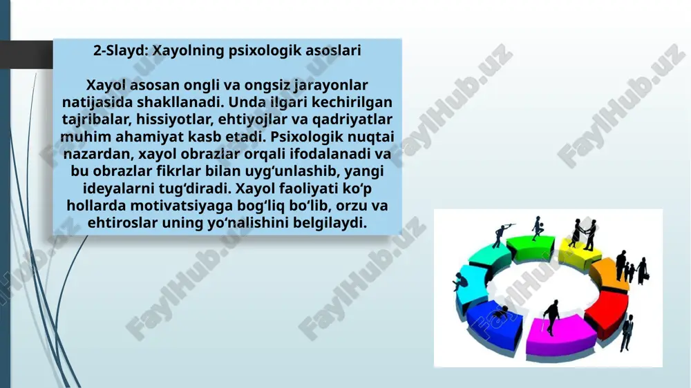 yol inson xatti-harakatlariga kuchli ta’sir ko‘rsatmasa-da, uning ichki ruhiy holatini ifodalaydi. 5-slayd: ixtiyoriy xayol ixtiyoriy xayol ongli ravishda, maqsadli rejalashtirish orqali yuzaga keladi. bu turdagi xayol ijodiy fikr yuritishda, muammo yechishda yoki yangi g‘oyalarni shakllantirishda muhim ahamiyatga ega. masalan, loyiha yaratishda yoki kutilayotgan voqeani tasavvur qilishda ixtiyoriy xayol ishlatiladi. 6-slayd: reproduktiv (qayta yaratuvchi) xayol reproduktiv xayol ilgari ko‘rilgan, eshitilgan yoki tajribadan o‘tilgan voqealarni qayta tasavvur qilishdan iborat. bu xayol turi xotiraga tayanadi va mavjud bilimlarga asoslanadi. masalan, tarixiy voqealarni eslash, biror joyni esga tushirish – reproduktiv xayol natijasidir. 7-slayd: kreativ (ijodiy) xayol ijodiy xayol – bu yangilik yaratishga qaratilgan faol xayol jarayonidir. u mavjud ma’lumotlar asosida yangi g‘oya yoki obrazlarni yaratish orqali vujudga keladi. ilmiy kashfiyotlar, san’at asarlari yoki innovatsion texnologiyalar kreativ xayol mahsulidir. 8-slayd: xayol va orzular xayol va orzular o‘rtasida kuchli bog‘liqlik mavjud. orzu – insonning ijtimoiy va shaxsiy ehtiyojlariga asoslangan xayoliy istakdir. bu istaklar ongda ma’lum obrazlar …