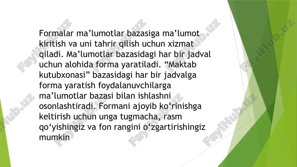 ugmachasi bosilgan holda tugmacha yaratiladi (5); 6) yangi tugmacha vazifasi belgilanishi lozim. buning uchun “kategorii” bo‘limidan “perexod po zapisyam” buyrug‘i tanlanadi (6); 7) “deystviya” bo‘limidan “predidushaya zapis” buyrug‘i tanlanadi (7); 8) “gotovo” tugmachasi bosiladi (8); 9) yaratilgan tugmacha (9) formaga joriy yozuvdan oldingi yozuvni chaqiradi; 10) “konstruktor” panelidan yangi tugmacha tanlanadi (10); 11) yangi tugmacha oldingi tugmacha yoniga o‘rnatiladi. “kategorii” bo‘limidan “perexod po zapisyam” buyrug‘i tanlanadi (11); 12) “deystviya” bo‘limidan “sleduyushaya zapis” buyrug‘i tananadi (12); 13) “gotovo” tugmachasi bosiladi (13); 14) yaratilgan tugmacha formaga joriy yozuvdan keyingi yozuvni chaqiradi (13); 15) “konstruktor “panelidan yangi tugmacha tanlanadi; 16) yangi tugmacha oldingi tugmacha yoniga o‘rnatiladi. “kategorii” bo‘limdan “obrabotka zapisey” buyrug‘i tanlanadi (14); 17) “deystviya” bo‘limidan “dobavit zapis” buyrug‘i tanlanadi (15); 18) “gotovo” tugmachasi ustiga bosiladi (16); 19) yaratilgan tugmacha formani bo‘shatadi (17); 20) “konstruktor” panelidan yangi tugmacha tanlanadi; 21) yangi tugmacha oldingi tugmacha yoniga o‘rnatiladi. “kategorii” bo‘limdan “obrabotka zapisey” buyrug‘i tanlanadi (14); …