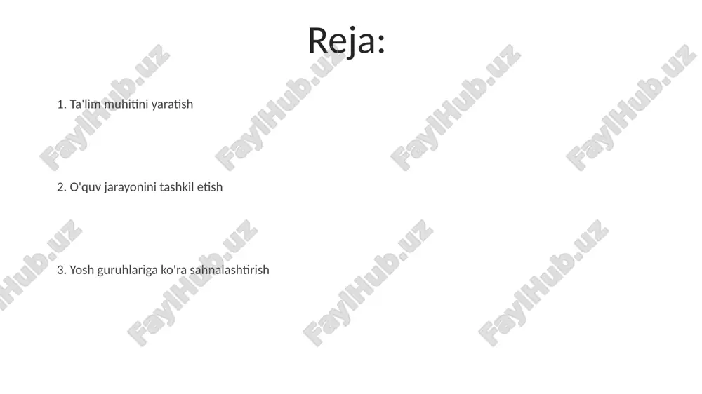 vfsizligi bo'yicha yiliga kamida 2 marta mashg'ulot o'tkazilishi, evakuatsiya rejasining mavjudligi va barcha xodimlar tomonidan o'zlashtirilishi talab etiladi. maktabgacha ta'lim muassasalarida har 5 boladan 1 nafariga 1 nazoratchidan kam bo'lmagan miqdorda kadrlar ajratilishi va ularning o'quvchilar soniga nisbatan soni qat'iy nazorat qilinishi zarur. ota-onalar bilan hamkorlik ota-onalarning 80% dan ortig'i bolaning uy vazifalari bajarishidagi qiyinchiliklar haqida xabardor bo'lishlari va ularga yordam berish uchun qo'llanmalar taqdim etish muhim ahamiyatga ega. preschool ta'lim muassasalarida ota-onalar bilan ishlashning 3 bosqichli modeli (tanishuv, hamkorlik, baho) samaradorlikni oshirish va o'zaro munosabatlarni mustahkamlashga yordam beradi. baholash va monitoring 5 yoshli bolalar guruhidagi monitoring natijalarini tahlil qilishda, o'rtacha 70% dan yuqori natija ko'rsatgan bolalar sonini aniqlash va ularning yutuqlarini ta'minlashda qo'llanilgan usullarni aniqlash muhim ahamiyatga ega. monitoring natijalariga asosan, ta'lim jarayonining samaradorligini oshirish maqsadida, har chorakda kamida 2 marta o'qituvchilar tomonidan o'tkaziladigan o'quv rejasiga tuzatishlar kiritish zarur. badiiy didni rivojlantirish badiiy didni rivojlantirishda turli xil materiallar (qog'oz, …