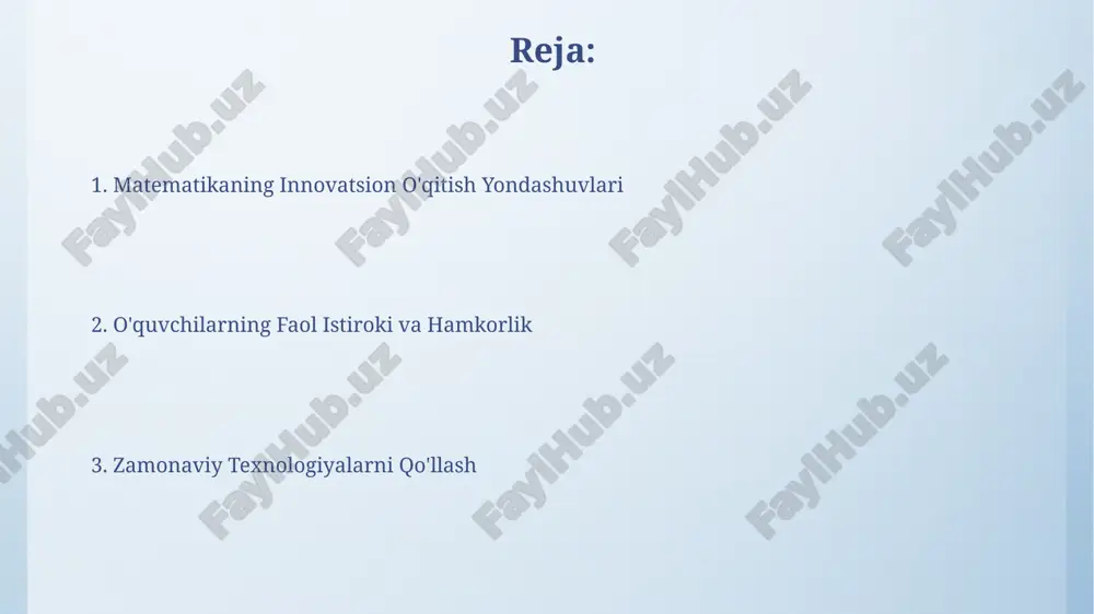 , 70% amaliy mashgʻulotlar va oʻyinlar qoʻllanilishi samaradorlikni 30% ga oshiradi. matematikada oʻyinlashtirilgan oʻqitish yondashuvi, 10 ta turli oʻyinlar orqali geometrik shakllarni oʻrganishni 2 marta tezlashtiradi va oʻquvchilarning faol ishtirokini taʼminlaydi. baholashning yangi usullari o'quv jarayonida o'quvchilarning faol ishlashi va mulohazasi uchun kamida 20% ball ajratish orqali ularning mustaqil fikrlash qobiliyatini rag'batlantirish muhimdir. baholashda o'quvchilarning individual yutuqlarini aniqlash uchun kamida 3 xil baholash usuli (testlar, loyihalar, og'zaki javoblar) qo'llanilishi va har bir usul bo'yicha o'rtacha ballar hisoblanishi tavsiya etiladi. amaliy masala yechish "amaliy masala yechish" usulida o'quvchilar 20 tadan ortiq amaliy masalani mustaqil ravishda yechishga o'rgatilishi, muammo hal qilish ko'nikmalarini rivojlantirishga qaratilgan. "amaliy masala yechish" strategiyasi, o'quvchilarning turli sohalardagi (fizika, kimyo) 10 ta amaliy masala yordamida matematik bilimlarini qo'llash qobiliyatlarini oshirishga yordam beradi. e'tiboringiz uchun rahmat @taqdimot_robot image4.png image5.jpg image6.jpg image7.jpg image8.jpg image9.jpg image10.jpg image11.jpg image3.jpeg