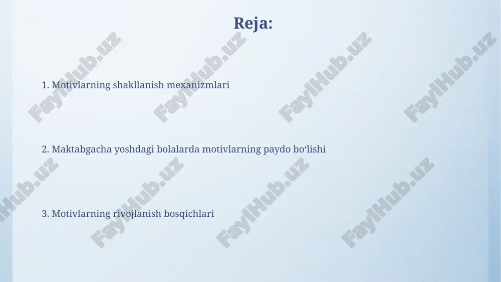 tiladi, bu biologik jihatdan miya korteksining rivojlanishi bilan bogʻliq. genetik omillar bolaning tugʻma xususiyatlarini, shu jumladan temperamentini va emotsional reaktsiyalarini belgilaydi, bu esa keyinchalik motivlarning shakllanishiga taʼsir qiladi. 50% ga yaqin irsiy omillar hisoblanadi. kelajakdagi istiqbollar ijtimoiy-emotsional rivojlanish va motivatsiya o'rtasidagi bog'liqlikni aniqlash uchun 3-5 yoshli bolalar guruhlarida uzun muddatli (5 yil) kuzatishlar o'tkazish mumkin. maktabgacha yoshdagi bolalarda motivlarning rivojlanishini chuqurroq o'rganish uchun keng ko'lamli (1000 nafar bolaga yaqin) empirik tadqiqotlar o'tkazish zarur. oila muhiti taʼsiri bolalarda o'yin orqali o'rganish motivining rivojlanishi (70% gacha) oilaviy muhitdagi o'yinchoqlarning xilma-xilligi va ota-onalarning faol ishtiroki bilan chambarchas bog'liq. oila muhitida 3 yoshgacha bo'lgan bolalarda 20% hollarda kuzatiladigan o'jarlik, mustaqillik istagi kabi motivlarning paydo bo'lishi ota-onalarning tarbiya uslubiga bog'liq. ichki va tashqi motivlar maktabgacha yoshdagi bolalarda ichki motivlarning rivojlanishi tashqi mukofotlarga nisbatan 2-3 yosh oralig'ida sezilarli darajada o'sadi, bu o'z-o'zini boshqarish va mustaqillik ko'nikmalarining rivojlanishi bilan bog'liq. tadqiqotlar shuni ko'rsatadiki, 5 yoshga kelib, bolalarning …