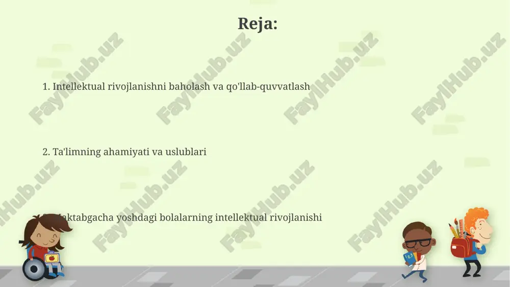 ishni o'rganadi va tengdoshlari bilan samarali munosabatlarni o'rnatish ko'nikmalarini egallaydilar. individual yondashuv maktabgacha yoshdagi bolalarning individual rivojlanish sur'ati har xil bo'lib, ba'zi bolalar 3 yoshida 5 yoshdagi bolalarga xos bo'lgan ko'nikmalarga ega bo'lishlari mumkin, boshqalari esa o'z tengdoshlaridan biroz orqada qolishlari mumkin. individual rivojlanishda genetik omillar muhim rol o'ynaydi, ammo atrof-muhit, tarbiya va o'yin faoliyatining sifati ham bolaning intellektual salohiyatini shakllantirishda 70% ga yaqin ta'sir ko'rsatadi. oila va maktabning hamkorligi maktabning oilaga taqdim etgan o'quv dasturi va bolaning rivojlanishi bo'yicha muntazam axborot almashinuvi (kamida oyiga 1 marta) farzandingizning o'sishini kuzatish va qo'llab-quvvatlashda muhim ahamiyatga ega. oila va maktab o'rtasidagi samarali hamkorlik, bolaning 3-5 yosh oralig'ida 50% ga yaqin intellektual rivojlanishini ta'minlaydi, bu esa o'yinli faoliyatlar va uy vazifalari orqali amalga oshiriladi. maktabgacha yoshdagi bolalarning intellektual rivojlanishi maktabgacha yoshdagi bolalarda 3 yoshga kelib lug‘at fondi 1000-2000 so‘zga yetadi, bu ularning faol fikrlash va muloqot qobiliyatlarining rivojlanishini ko'rsatadi. maktabgacha ta’lim muassasalarida o'tkazilgan …