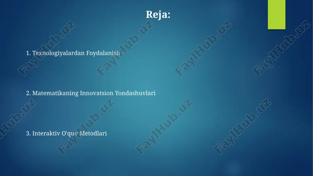 damida murakkab tenglamalarni 90% aniqlikda yechish imkonini beradi va bu an'anaviy usullarga nisbatan ancha tezkor natijalar beradi. fraktallar va topologiya kabi yangi matematik sohalarning rivojlanishi, 3 o'lchovli bo'lmagan geometrik shakllarni modellashtirish va tahlil qilishda yangi imkoniyatlar ochadi, bu esa zamonaviy texnologiyalarda qo'llanilishi mumkin. o'yinlashtirilgan o'qitish o'yinlashtirilgan o'qitish, matematikada 5-7 yoshli bolalarni 20% ga ko'proq faol ishtirok etishini va matematik tushunchalarni 30% tezroq o'zlashtirishini ta'minlaydi. interaktiv o'yinlar yordamida 10 ta matematik operatsiyani o'rgatish, an'anaviy usullar bilan taqqoslaganda, o'quvchilarning bilimlarini 45% ga oshirishga yordam beradi. kritik fikrlashni rivojlantirish matematikadan murakkab masalalarni hal qilishda heuristik usullarni qo'llash, mulohazalarni 70% aniqroq shakllantirishga yordam beradi. debatlar va munozaralar orqali fikr almashish, talabalarning argumentlarni tahlil qilish va 3ta turli nuqtai nazardan muammoni ko'rib chiqish qobiliyatini yaxshilaydi. kompyuter texnologiyalaridan foydalanish interfaol geometriya dasturlari, masalan, geogebra, 2d va 3d geometrik shakllarni vizualizatsiya qilish orqali, 3 dan ortiq o'lchovli fazo tasavvuriga yordam beradi va o'quvchilarning tushunchasini yaxshilaydi. kompyuter algebra …