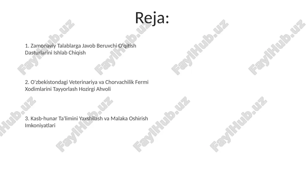 ologiyalarni qo‘llash bo‘yicha amaliy mashg’ulotlar sonini yiliga 1000 tadan kam bo‘lmagan miqdorda o‘tkazishni rejalashtirish kerak. davlat veterinariya va chorvachilik xizmatlari xodimlarini xalqaro standartlarga moslashtirish maqsadida, kamida 5 yillik malaka oshirish dasturini ishlab chiqish va amalga oshirish zarur. e'tiboringiz uchun rahmat @taqdimot_robot image4.jpg image5.jpg image6.jpg image7.jpg image8.jpg image1.jpeg image2.jpeg