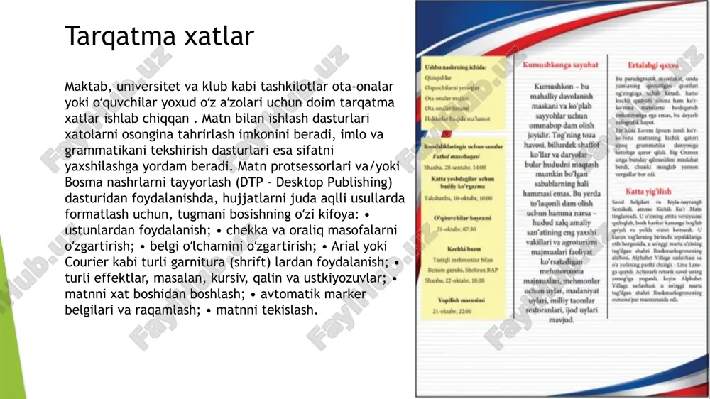 sterlar tarqatma xatlardan butunlay boshqacha koʻrinishga ega boʻlsa-da, bir xil tamoyillar amal qiladi. farqlar dtp dasturi xususiyatlari yoki ishlab chiqish usullarida emas, yakunlangan mahsulotning dizaynidadir flayer namunasi; uning dizayni afishalarga qaraganda koʻproq matnni oʻz ichiga oladi, lekin jozibali va matnga boy tarqatma xatdan koʻra, koʻproq tasvirli jilolarga ega reklama va korporativ imij nashrlari uchun ishlatiladigan dasturlar reklama va korporativ imij nashrlariga tashrif qogʻozi, rasmiy blankalar, flayerlar, broshyura va boshqalar misol bo’ladi. veb-saytlar veb-sayt – veb-sahifalar, matn, grafikalar, video va tovushlar toʻplamidir. veb-sayt internetdagi veb-serverga joylashtiriladi. foydalanuvchilar veb-saytdagi maʼlumotlarni veb-brauzer orqali koʻrishlari mumkin. veb-saytlardan biror shaxs yoki tashkilotning obroʻsini koʻtarish va boshqalar bilan muloqot qilish uchun foydalaniladi. veb-sayt yaratish uchun yo oʻzingiz kod yozishingiz, yoki veb-sayt yaratish ilovasidan foydalanishingiz kerak . ilova xususiyatlari dtp dasturidagi xususiyatlarga oʻxshash: dizayner, shunchaki, veb-saytdagi veb-sahifalar maketi ishlab chiqishi kerak. veb-saytda boshqa veb-sahifa yoki veb-saytga oʻtish uchun giper-havolalar berilishi mumkin multimediali taqdimotlar multimediali taqdimotlarda maʼlumotni samarali …