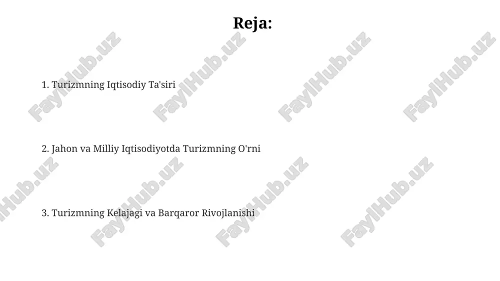 xshilanishi orqali amalga oshiriladi, ba'zi davlatlar uchun bu 20% dan oshadi. turizm yaimning 10% dan ortiq qismini tashkil etishi mumkin, bu esa milliy daromad va ish o'rinlari soniga sezilarli ta'sir ko'rsatadi. turizm sohasidagi investitsiyalar, infratuzilmani rivojlantirish orqali yaimning qo'shimcha o'sishini ta'minlaydi, bu esa 5-10% gacha o'sishi mumkin. turizm sohasidagi muammolar va ularning yechimlari turizm sohasidagi muammolar orasida mavsumiylik, 15% ga yetuvchi ishsizlik va infratuzilmaning yetarli emasligi, xususan, 5 yulduzli mehmonxonalar etishmasligi muhim o'rin tutadi. sayyohlar sonining 20% ga kamayishiga olib keluvchi atrof-muhitning ifloslanishi va tabiiy boyliklarning oqilona boshqarilmasligi, ekologik turizm konsepsiyasini qo'llash orqali hal qilinishi mumkin. turizmning noqonuniy faoliyatlari, masalan, qora bozorning 10% ni tashkil etuvchi noqonuniy mehmonxonalar, davlat nazoratini kuchaytirish va huquqiy bazani takomillashtirish orqali bartaraf etilishi lozim. turizmning ijtimoiy-madaniy ta'siri madaniy meros obyektlariga tashrif buyuruvchilar sonining oshishi, ularning ta'mirlanishi va saqlanishiga sarmoyalarni jalb qilishga olib keladi, bu esa 15% ga yaqin milliy madaniy boyliklarimizning saqlanishiga yordam beradi. turizm …