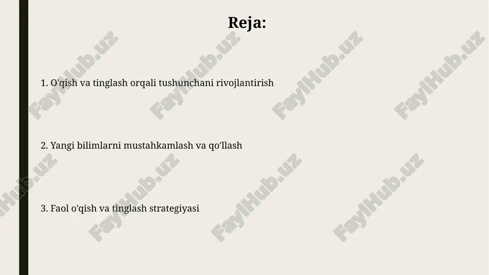 at boyligini oshirishda kundalik hayotda kamida 10 ta yangi so'z o'rganish va ularni 5 ta turli jumlada qo'llash samarali usul hisoblanadi. bu so'zlarni faol ravishda ishlatish xotiraga mustahkam o'rnashishiga yordam beradi. matnni tahlil qilish matn tahlili natijasida, asosiy fikrni 2-3 jumlada umumlashtirish va uni 5 ball shkalasi bo'yicha baholash orqali, tushunish darajasini aniqlash mumkin. matn tahlili, 5w1h (kim? nima? qachon? qayerda? nima uchun? qanday?) usuli yordamida asosiy ma'lumotlarni aniqlash va matnning tuzilishini 3 qismga (kirish, asosiy qism, xulosa) bo'lish orqali tushunishni osonlashtiradi. yangi ma'lumotlarni qabul qilish semantik xotira tizimi yangi ma'lumotlarni kategoriyalar va mantiqiy bog'lanishlar orqali 20% tezroq qayta ishlash imkonini beradi, bu esa uzoq muddatli eslab qolishni yaxshilaydi. o'qish va tinglash orqali yangi ma'lumotlarni qabul qilish tezligi va samaradorligi shaxsning diqqat konsentratsiyasi darajasiga, taxminan 7 ± 2 birlikka bog'liq. o'qish va tinglashning samaradorligini oshirish lug'at boyligini 100 ta yangi so'zga oshirish orqali, o'qish va tinglash tushunchasi sezilarli darajada yaxshilanadi, …