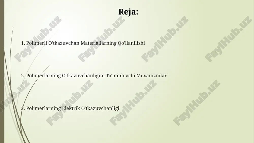 chanlikni modellashtirish uchun kvant kimyoviy usullar, masalan, ab initio hisob-kitoblari, polimer zanjiridagi 10-20 monomer birligi uchun aniq hisob-kitoblarni amalga oshirishga imkon beradi va bu natijalarni makroskopik xususiyatlarga ekstrapolyatsiya qilish mumkin. polimerlarning o'tkazuvchanligi turlari yuqori molekulyar og'irlikdagi polimerlarda zanjirlarning harakatchanligi cheklanganligi tufayli o'tkazuvchanlik past bo'ladi, lekin 10² s/sm gacha yetishi mumkin bo'lgan konjugatlangan polimerlar istisno hisoblanadi. o'tkazuvchanlik darajasi polimerning kimyoviy tuzilishi, harorati, namlik va qo'shimchalarning mavjudligiga bog'liq bo'lib, masalan, dopingga qarab 10 dan ortiq tartibga o'zgarishi mumkin. polimerlarning o'tkazuvchanligi ionli, elektron va aralash turlarga bo'linadi, bunda ionli o'tkazuvchanlik 10⁻⁴ - 10⁻¹ s/sm oralig'ida, elektron o'tkazuvchanlik esa ancha yuqori bo'lishi mumkin. polimerlarning elektr o'tkazuvchanligini oshirish usullari doplash usuli orqali, ya'ni polimer zanjirlariga elektron donor yoki akseptorlarni kiritish orqali, o'tkazuvchanlikni bir necha o'n marta oshirish mumkin, natijada 10 -3 —10 -1 s/sm ga yetish mumkin. polimer matritsasiga 5-20% miqdorida uglerod nanotubalari yoki grafen qo'shish orqali elektr o'tkazuvchanlikni sezilarli darajada yaxshilash mumkin, bu esa …