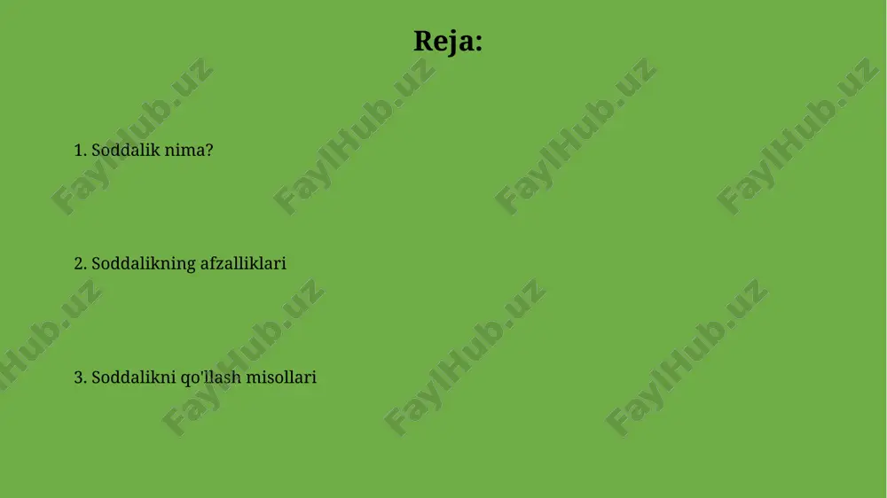 z ichiga olishi mumkin, bu esa samaradorlikni oshiradi va vaqtni tejaydi. soddalikning afzalliklari soddalik, murakkablikka nisbatan 3 baravar kam xatoliklarga olib keladi, bu esa sifatni yaxshilash va ishonchlilikni oshirishga yordam beradi. soddalik tizimlarni 20% gacha arzonlashtirishi, ishlab chiqarish va texnik xizmat ko'rsatish xarajatlarini kamaytirib, samaradorlikni oshiradi. soddalik nima? soddalikni matematik jihatdan ifodalash mumkin: murakkablik darajasini (komplekslik) 1 dan 10 gacha bo'lgan shkala bo'yicha baholash va uni 5 balldan pastga tushirishga harakat qilish kerak, bu esa soddalikni anglatadi. "soddalik nima?" degan savolga javob berishda, o'rtacha 7 ta so'zdan iborat jumlalarni sodda deb hisoblash mumkin, bu esa matnni o'qish va tushunishni osonlashtiradi va taxminan 20% kamroq vaqt talab etadi. e'tiboringiz uchun rahmat @taqdimot_robot image1.jpg image2.jpg image3.jpg image4.jpg image5.jpg image6.jpg image7.jpg