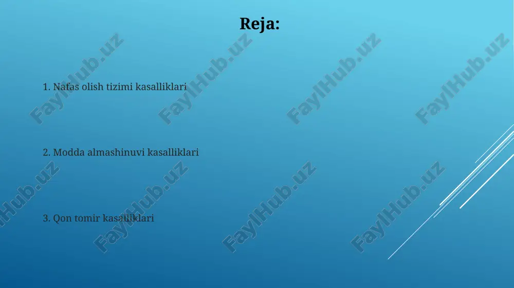 mkin. davolash usullari qandli diabetni boshqarish uchun parhez, muntazam jismoniy mashqlar va glyukozani pasaytiruvchi dorilar, jumladan, metformin yoki insulin, qon glyukoza darajasini 70-130 mg/dl oralig'ida saqlashga qaratilgan. o'pka surunkali obstruktiv kasalligi (o'so'k) davolashda bronxodilatatorlar, masalan, salbutamol yoki ipratropiy, kuniga 4 martagacha qo‘llanilishi mumkin, shuningdek, yallig'lanishga qarshi vositalar, masalan, inhalyasiya steroidlari qo'llaniladi. nafa olish tizimi kasalliklarining turlari nafa olish tizimining obstruktiv kasalliklari, masalan, surunkali obstruktiv o'pka kasalligi (sook) va bronxit, o'pka yo'llarining torayishi va havo oqimining pasayishi bilan tavsiflanadi, bu esa 1-2 soniyada nafas olishni qiyinlashtiradi. o'pka infektsiyalari, pnevmomiya va tuberkulyoz kabi, o'pka to'qimalarining yallig'lanishi va shikastlanishiga olib keladi, bu esa 37-40°c harorat va kuchli yo'tal bilan namoyon bo'ladi. modda almashinuvi kasalliklari gipotireoz – qalqonsimon bezning gormonlar ishlab chiqarishining pasayishi bilan tavsiflanadigan modda almashinuvi kasalligi bo'lib, metabolizmning sekinlashuviga va tana vaznining ortishiga olib keladi. semirib ketish (semizlik) – modda almashinuvi buzilishiga olib keladigan eng keng tarqalgan kasalliklardan biri bo'lib, qon glyukoza …