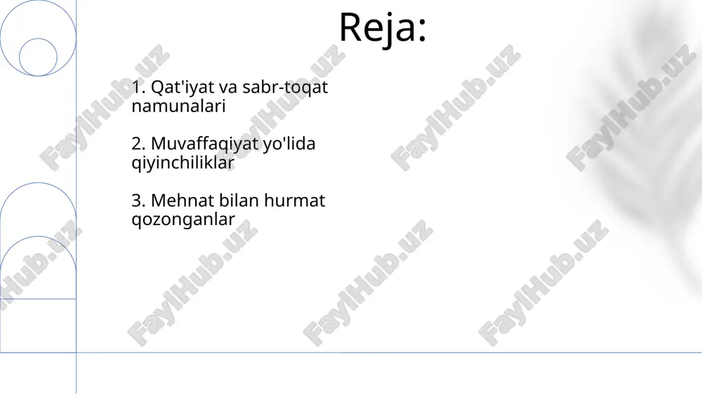 ko'nikmalarni o'rganib, professional rivojlanishga katta e'tibor berishadi. doimiy o'rganish jarayonida 10 000 soatlik qoida muhim rol o'ynaydi, bu mahoratni yuqori darajaga yetkazish uchun zarur bo'lgan taxminiy vaqt miqdorini ko'rsatadi. 6. qat'iyatlilik va sabr-toqatning ahamiyati 90% muvaffaqiyatli odamlarning tadqiqotlar shuni ko'rsatadiki, ularning yutuqlari orqasida qat'iyatlilik va sabr-toqat kabi muhim fazilatlar yotadi, bu esa ularga qiyinchiliklarni yengishga imkon beradi. qat'iyatlilik va sabr-toqat, o'rtacha 10 000 soatlik amaliyotdan so'ng mutaxassis darajasiga erishish uchun zarur bo'lgan asosiy omillar hisoblanadi, bu esa 10 yildan ortiq vaqtni tashkil etadi. 7. mehnatsevarlik tarixiy misollari 19-asrda amerikadagi temir yo'llarni qurishda minglab muhojirlarning og'ir sharoitlarda 10 yildan ortiq davom etgan mehnati, mamlakatning iqtisodiy taraqqiyotiga katta hissa qo'shdi. o'rta osiyodagi buyuk ipak yo'li bo'ylab savdo-sotiqning rivojlanishi, minglab hunarmandlar va dehqonlarning ko'p yillik mehnatsevarligi va qat'iyatliliklari natijasida yuzaga kelgan. 8. o'z sohasining ustasi bo'lish yo'li uzoq muddatli strategik reja tuzish va uni 3 bosqichga bo'lish, har bir bosqich uchun aniq maqsadlar …