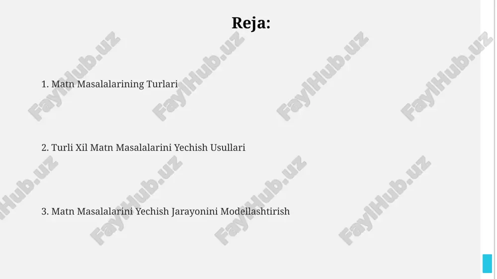adi. matematik model tuzish geometrik shakllarni modellashtirishda, masalan, to’g’ri to’rtburchak yuzasini topish uchun uning uzunligi va enini ko’paytirish (s=ab) kabi formulalardan foydalaniladi, bu erda a va b o’zgaruvchilar. muayyan fizik jarayonni matematik model sifatida ifodalashda, masalan, tezlik (v=s/t) formulasi vaqt (t), masofa (s) kabi o’zgaruvchilarni o’z ichiga oladi. matematik model tuzishda, masalan, 2 ta noma’lum miqdorni topish uchun 2 ta tenglama tuzish kerak bo’ladi, bu esa tenglamalar sistemasini yechishni talab qiladi. masalani tahlil qilish bosqichlari masalani yaxshilab o'qib, noma'lum kattaliklarni o'zgaruvchilar bilan belgilash, masalan, x, y, z kabi, va ma'lumotlarni 3-4 ta asosiy qismga bo'lish kerak. masalaning shartiga mos keladigan tenglamalar sistemasini tuzish va uni yechishda algebraik usullar, masalan, o'rinbosar usuli yoki qo'shish usuli kabi, qo'llaniladi. yechimni tekshirish juda muhim: topilgan javoblar masalaning shartiga mos kelishini va mantiqiy ekanligini tekshirish kerak, 2ta yoki undan ortiq echim bo'lsa barchasini tekshirish lozim. turli xil masalalarni yechish strategiyasi masalaning javobini tekshirish juda muhim. …