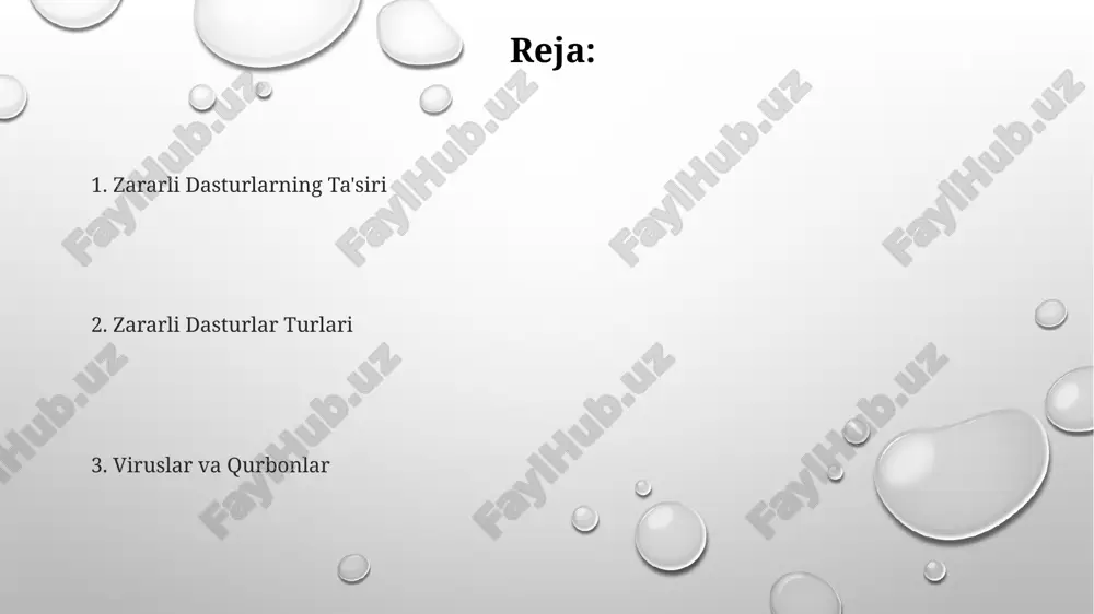 r klaviaturaga ulanadi, dasturiy ta'minot keyloggerlari esa kompyuterga o'rnatiladi va yashirincha ishlaydi. zararli dasturlar turlari zero-day exploitlardan foydalanadigan zararli dasturlar ayniqsa xavflidir, chunki ularga qarshi himoya vositalari hali yaratilmagan bo'ladi va 1000 dan ortiq kompyuterlarni bir zumda yuqtirishi mumkin. zararli dasturlar 4 asosiy turga bo'linadi: viruslar, qurtlar, troyanlar va ransomware. har bir turi ma'lumotlarga kirish, o'g'irlash yoki tizimni buzish uchun turli xil usullarni qo'llaydi. spyware va adware kabi zararli dasturlar foydalanuvchilarning shaxsiy ma'lumotlarini yig'ib, ularni uchinchi shaxslarga sotish yoki reklama maqsadlarida ishlatishi mumkin, bu esa millionlab foydalanuvchilarga zarar yetkazishi mumkin. qurquv dasturlari ba'zi qurquv dasturlari, masalan, troyanlar, o'zlarini foydali dastur sifatida niqoblab, foydalanuvchilarning kompyuter tizimlariga kirib olishadi va 50% ga yaqin kompyuter xavfsizlik muammolarini keltirib chiqaradilar. qurquv dasturlarining 1000 dan ortiq turlari mavjud bo'lib, ular turli xil zararli kodlar va texnikalarni o'z ichiga oladi, jumladan, shifrlash, firibgarlik va ma'lumotlarni o'g'irlash kabi amallarni amalga oshiradi. zero-day zaifliklardan foydalanuvchi qurquv dasturlari, antivirus …