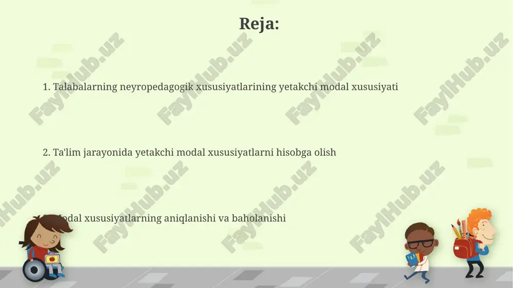 iy texnologiyalar va modallikka moslashgan o'qitish zamonaviy texnologiyalar, masalan, vr/ar dasturlari, 3d modellashtirish va interaktiv o'yinlar, talabalarning turli modalliklarini (vizual, auditoriy, kinestetik) hisobga olgan holda ta'lim jarayonini boyitadi va samaradorligini 20-30% ga oshiradi. o'quv jarayoniga gamifikatsiya elementlarini qo'shish orqali, motivatsiya darajasini 15% ga oshirish mumkin, bu esa turli modallikka ega bo'lgan talabalar uchun bilim olishni yanada qiziqarli va samarali qiladi. vizual modallik: xususiyatlari va o'qitish usullari vizual modallikdagi kamchiliklarni bartaraf etish uchun miya xaritalari, konsepsiya xaritalari va boshqa mnemonik texnikalardan foydalanish tavsiya etiladi, bu xotira hajmini 25% ga oshirishi mumkin. o'qitish jarayonida ranglar, grafikalar va diagrammalar kabi vizual elementlardan foydalanish, ushbu modallikka ega bo'lgan 10-15% talabalarning bilim olish samaradorligini sezilarli darajada oshiradi. modallikni aniqlash usullari va testlar miya yarim sharlarining faollik darajasini aniqlash uchun 30 minutlik “vakt” testi yoki dominant qo‘lni aniqlash va vizual-makon xotirasini tekshiruvchi 15 ta topshiriqdan iborat testlar qo‘llanishi mumkin. o‘quvchilarning o‘rganish uslublarini aniqlash uchun 20 ta …