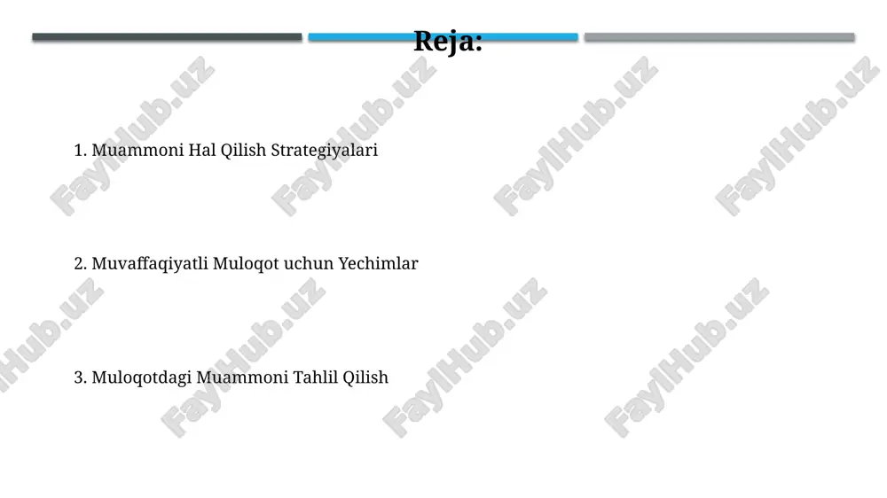 arning ko'p ma'noliligi yoki noto'g'ri talqini natijasida yuzaga keladigan muloqot to'siqlarini aniqlash uchun 10 ta namuna gap tahlilini o'tkazish tavsiya etiladi. muloqot jarayonida 4 ta asosiy bosqich (kodlash, uzatish, qabul qilish, dekodlash)ning har birida yuzaga kelishi mumkin bo'lgan to'siqlarni tizimli ravishda aniqlash strategiyasini qo'llash samarali. muvaffaqiyat va xatolarni tahlil qilish muvaffaqiyatli aloqa strategiyasining 70%i aniq muammo tahliliga, qolgan 30%i esa samarali yechimlarni ishlab chiqishga bog'liq. bu nisbat muvaffaqiyat darajasini aniqlaydi. aloqa jarayonidagi xatolarni 3 ta asosiy toifaga (semantik, sintaksis, pragmatik) bo'lish mumkin. har bir toifa o'ziga xos xususiyatlarga va tuzatish usullariga ega. muammoni hal qilish jarayonini kuzatish muammoni hal qilish jarayonining 20% qismi muammoning aniq ta'riflanishiga, 80% qismi esa samarali yechim topishga bog'liq ekanligi statistik ma'lumotlar bilan tasdiqlangan. muammoni hal qilish jarayonini kuzatishda 5 bosqichli model samaradorligini baholashda 3 ta asosiy mezon: vaqt sarfi, resurslar va natijaning sifatini hisobga olish kerak. e'tiboringiz uchun rahmat @taqdimot_robot image1.jpg image2.jpg image3.jpg image4.jpg image5.jpg …