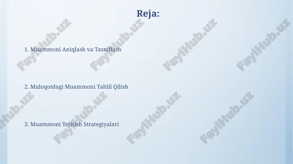 i tinglashdan, 30% esa gapirishdan iborat bo'lib, faol tinglash orqali muloqotdagi noto'g'ri tushunchalarni 50% ga kamaytirish mumkin. natijalarni baholash va takomillashtirish muloqotdagi muammolarni hal qilish strategiyasining samaradorligini baholashda, qisqa muddatli (1 hafta) va uzoq muddatli (3 oy) natijalarni taqqoslash kerak. natijalarni baholashda kamida 3 ta turli ko'rsatkichni (masalan, samaradorlik, tezlik, xatolik darajasi) hisobga olish va ularni miqdoriy tahlil qilish muhim. muammoni hal qilish strategiyasi muloqotdagi muammolarni hal qilishda 80/20 qoidasi qo'llanilishi mumkin: 80% muammolar 20% sabablar tufayli yuzaga keladi, shuning uchun asosiy sabablarni aniqlash muhim. muammoni hal qilishning samarali strategiyasi 5 bosqichdan iborat: muammoning aniqlanishi, sabablar tahlili, echimlarni ishlab chiqish, eng yaxshi echimni tanlash va natijalarni baholash. e'tiboringiz uchun rahmat @taqdimot_robot image4.png image5.jpg image6.jpg image7.jpg image8.jpg image9.jpg image10.jpg image11.jpg image3.jpeg