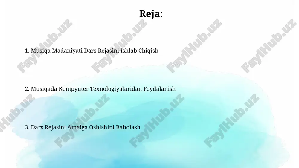 ga yaxshilash mumkin. musiqiy dasturlar va ilovalar musiqiy notalarni tahrirlash dasturlari, midi fayllar bilan ishlash orqali, taxminan 200 dan ortiq turli xil notalarni aniq va tezkor tarzda kiritish va tahrirlash imkoniyatini taqdim etadi. musiqiy dasturlar, masalan, garageband yoki ableton live, 10 dan ortiq audio treklarni bir vaqtning oʻzida qayta ishlash imkoniyatini beradi, bu esa murakkab musiqiy kompozitsiyalar yaratishga yordam beradi. baholash va monitoring baholash jarayonida talabalarning 5 ta asosiy musiqiy ko‘nikmalarini (navo yozish, tinglash, ijro etish, tahlil qilish va kompozitsiya yaratish) baholash mezonlari aniq va o‘lchovli bo‘lishi kerak. monitoring orqali talabalarning musiqa dasturlari (garageband, ableton live, logic pro x) bilan ishlash ko‘nikmalarini kuzatish va 10 balldan iborat baho tizimi yordamida baholash mumkin. amaliy mashg'ulotlar va misollar o'quvchilar 3 ta turli xil musiqiy janrlar (klassik, jazz, pop)dagi 10 ta qo'shiqni midi formatiga o'tkazish va ularni tahrirlash, 2 ta yangi aranjirovka yaratish bo'yicha amaliy mashqlarni bajaradilar. dasturlash asoslari (python) yordamida 7 ta …