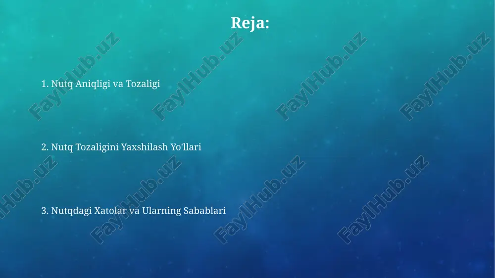 so'zning ma'nosini o'zgartirishi mumkin. tilning 7 ta asosiy holati va lablarning 5 ta asosiy shakli mavjud bo'lib, ularning har xil kombinatsiyalari turli tovushlarni hosil qiladi. urg'u va ohangning ahamiyati nutqning aniqligi va tozaligi 5-10% ga tushunishni yaxshilaydi, bu esa samarali muloqot va ma’lumot uzatish uchun juda muhimdir. urg‘u va ohang nutqning ritmini 30% ga belgilaydi, bu tinglovchining diqqatini jalb qilish va matnni yaxshiroq qabul qilish uchun muhimdir. nutqni takomillashtirish mashqlari nutqni takomillashtirish uchun har kuni kamida 15 daqiqa davomida til buruvchilarni o'qish va takrorlash, artikulyatsiya apparatining harakatini yaxshilashga yordam beradi. til va lab mushaklarini mustahkamlash uchun 10 marta takrorlanadigan maxsus mashqlar, masalan, "pa-pa-pa", "ba-ba-ba" tovushlarini talaffuz qilish, nutqning aniqligini oshiradi. e'tiboringiz uchun rahmat @taqdimot_robot image3.png image4.jpg image5.jpg image6.jpg image7.jpg image8.jpg image9.jpg image10.jpg