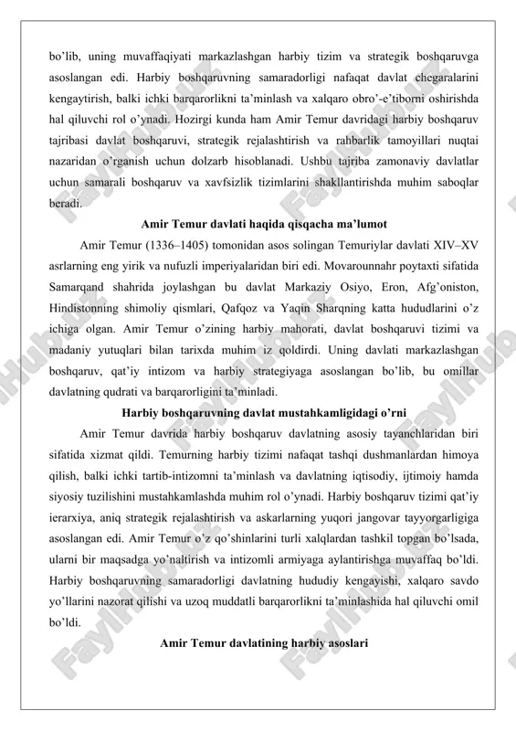boshqaruv tizimi qat’iy ierarxiya, aniq strategik rejalashtirish va askarlarning yuqori jangovar tayyorgarligiga asoslangan edi. amir temur o’z qo’shinlarini turli xalqlardan tashkil topgan bo’lsada, ularni bir maqsadga yo’naltirish va intizomli armiyaga aylantirishga muvaffaq bo’ldi. harbiy boshqaruvning samaradorligi davlatning hududiy kengayishi, xalqaro savdo yo’llarini nazorat qilishi va uzoq muddatli barqarorlikni ta’minlashida hal qiluvchi omil bo’ldi. amir temur davlatining harbiy asoslari amir temur davri o’rta osiyo va uning atrofidagi hududlar uchun katta siyosiy o’zgarishlar davri bo’lib, bu o’zgarishlarning markazida harbiy kuchlar turardi. temuriylar imperiyasi, amir temur rahbarligida tashkil topgan, harbiy kuchlarni siyosiy hayotning asosiy elementi sifatida ko’rdi. harbiy kuch nafaqat dushmanlarga qarshi himoya vositasi, balki davlatni birlashtirish, hududlarni kengaytirish va ichki barqarorlikni ta’minlashning asosiy mexanizmi edi. amir temur o’zining harbiy strategiyasi orqali siyosiy hayotni shakllantirdi, chunki uning har bir yurishi nafaqat harbiy g’alaba, balki siyosiy ittifoqlar va yangi viloyatlarning integratsiyasi bilan bog’liq edi.chuqur tahlil qiladigan bo’lsak, temuriylar davrida harbiy kuch siyosiy hayotning markaziy …