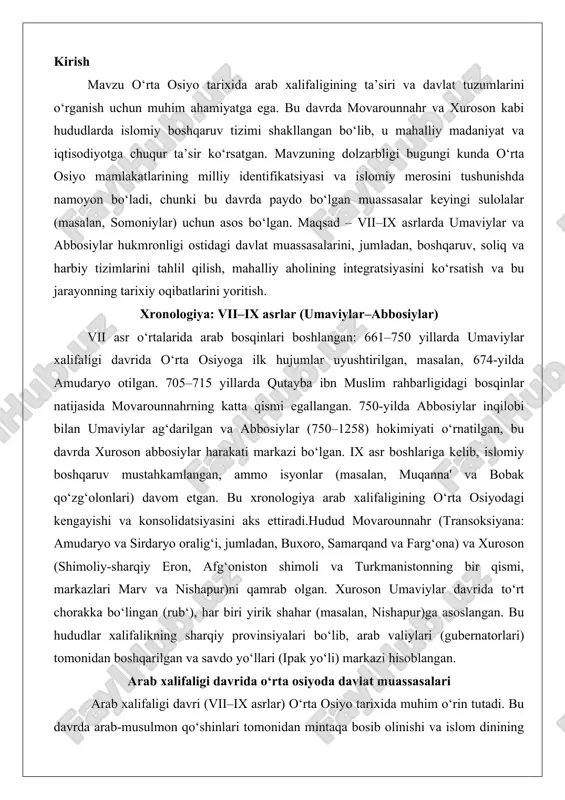 ari marv va nishapur)ni qamrab olgan. xuroson umaviylar davrida to‘rt chorakka bo‘lingan (rub‘), har biri yirik shahar (masalan, nishapur)ga asoslangan. bu hududlar xalifalikning sharqiy provinsiyalari bo‘lib, arab valiylari (gubernatorlari) tomonidan boshqarilgan va savdo yo‘llari (ipak yo‘li) markazi hisoblangan. arab xalifaligi davrida o‘rta osiyoda davlat muassasalari arab xalifaligi davri (vii–ix asrlar) o‘rta osiyo tarixida muhim o‘rin tutadi. bu davrda arab-musulmon qo‘shinlari tomonidan mintaqa bosib olinishi va islom dinining tarqalishi bilan birga, yangi davlat muassasalari shakllandi. umayyaviy va abbosiy xalifaliklari hukmronligi ostida o‘rta osiyo, xususan, mavarounnahr (transoksiyana) viloyati, markaziy boshqaruv tizimiga integratsiya qilindi. bu jarayon nafaqat harbiy zabt etish, balki ma’muriy, iqtisodiy va huquqiy tuzilmalar orqali amalga oshirildi. ushbu maqolada biz siyosiy-huquqiy kontekst, ma’muriy-hududiy boshqaruv va devon tizimini chuqur tahlil qilamiz, dalillar va amaliy misollar asosida. tahlil arab xalifaligining o‘rta osiyodagi ta’sirini yoritishga qaratilgan bo‘lib, mintaqaning ijtimoiy-iqtisodiy rivojlanishiga qanday hissa qo‘shganini ko‘rsatadi. siyosiy-huquqiy kontekst arab xalifaligining o‘rta osiyodagi siyosiy-huquqiy konteksti zabt etish …
