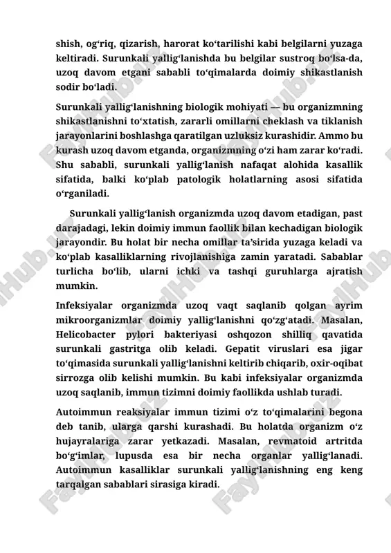 runkali yallig‘lanish organizmda uzoq davom etadigan, past darajadagi, lekin doimiy immun faollik bilan kechadigan biologik jarayondir. bu holat bir necha omillar ta’sirida yuzaga keladi va ko‘plab kasalliklarning rivojlanishiga zamin yaratadi. sabablar turlicha bo‘lib, ularni ichki va tashqi guruhlarga ajratish mumkin. infeksiyalar organizmda uzoq vaqt saqlanib qolgan ayrim mikroorganizmlar doimiy yallig‘lanishni qo‘zg‘atadi. masalan, helicobacter pylori bakteriyasi oshqozon shilliq qavatida surunkali gastritga olib keladi. gepatit viruslari esa jigar to‘qimasida surunkali yallig‘lanishni keltirib chiqarib, oxir-oqibat sirrozga olib kelishi mumkin. bu kabi infeksiyalar organizmda uzoq saqlanib, immun tizimni doimiy faollikda ushlab turadi. autoimmun reaksiyalar immun tizimi o‘z to‘qimalarini begona deb tanib, ularga qarshi kurashadi. bu holatda organizm o‘z hujayralariga zarar yetkazadi. masalan, revmatoid artritda bo‘g‘imlar, lupusda esa bir necha organlar yallig‘lanadi. autoimmun kasalliklar surunkali yallig‘lanishning eng keng tarqalgan sabablari sirasiga kiradi. metabolik buzilishlar qandli diabet, semizlik, insulin rezistentligi kabi holatlar organizmda yallig‘lanish jarayonini kuchaytiradi. yog‘ to‘qimalarida ajraladigan sitokinlar immun tizimni doimiy faollikda ushlab turadi. …