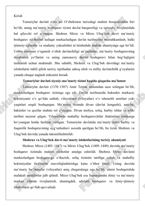 vrida ma’muriy boshqaruv tizimida muhim islohotlar amalga oshirildi. shohrux mirzo davlatni markazlashgan boshqaruvga o‘tkazish, soliq tizimini tartibga solish va mahalliy hokimiyatlar faoliyatini muvofiqlashtirishga katta e’tibor berdi. uning davrida ma’muriy bo‘linmalar (viloyatlar) aniq chegaralarga ega bo‘lib, ularni boshqarishda malakali amaldorlar jalb qilindi. mirzo ulug‘bek esa samarqandni ilmiy va ma’muriy markaz sifatida rivojlantirdi, shuningdek, adolatli boshqaruv va ilmiy-ijtimoiy islohotlarni qo‘llab-quvvatladi. ushbu islohotlar davlatning ichki barqarorligini ta’minlash, iqtisodiy rivojlanishni rag‘batlantirish va madaniy yuksalishga zamin yaratishda muhim rol o‘ynadi. shohrux va ulug‘bek davridagi ma’muriy islohotlar temuriylar davlati mustahkamligini oshirib, keyingi davrlar uchun davlatchilik an’analarining rivojlanishiga muhim ta’sir ko‘rsatdi. shohrux mirzo va mirzo ulug‘bek davrida ma’muriy boshqaruv shohrux mirzo davrida ma’muriy boshqaruv shohrux mirzo (1377–1447) temuriylar sulolasining asoschisi amir temur o‘g‘li bo‘lib, 1405–1447 yillarda temuriylar imperiyasini boshqargan. uning hukmronligi davri temuriylar davlatining barqarorlashuvi va markazlashgan boshqaruv tizimining mustahkamlanishi bilan ajralib turadi. shohrux mirzoning ma’muriy siyosati otasining bosqinchilik siyosatidan farqli o‘laroq, ichki tartib-intizomni ta’minlash, iqtisodiy tiklanish …