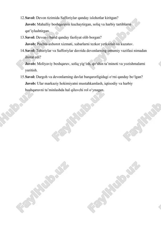 aruvni ta’minlashda hal qiluvchi rol o‘ynagan. “tohiriylar hamda safforiylar davrida dargoh va devon faoliyati” mavzusiga oid 15 ta test savoli, a–d variantlari va to‘g‘ri javobi bilan: 1-savol tohiriylar sulolasi qaysi asrda vujudga kelgan? a) viii asr b) ix asr c) x asr d) xi asr to‘g‘ri javob: b 2-savol tohiriylar sulolasining asoschisi kim edi? a) muhammad ibn tohir b) ya’qub ibn lays c) tohir ibn husayn d) ahmad ibn asad to‘g‘ri javob: c 3-savol “dargoh” so‘zi nimani anglatadi? a) harbiy lager b) podshohning saroyi c) soliq yig‘uvchilar idorasi d) sud binosi to‘g‘ri javob: b 4-savol saroy tartib-intizomini ta’minlovchi mansabdor kim edi? a) vazir b) hajib c) qozikalon d) mustaufiy to‘g‘ri javob: b 5-savol tohiriylar devon tizimi asosan qaysi an’analarga tayangan? a) yunoncha an’analarga b) xitoy an’analarga c) arab va eron an’analariga d) turkman an’analarga to‘g‘ri javob: c 6-savol devon-i arzning asosiy vazifasi nima bo‘lgan? a) soliq yig‘ish b) sud ishlarini …