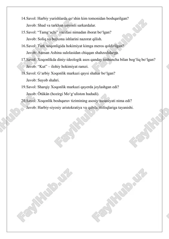 sosiy xususiyati nima edi? javob: harbiy-siyosiy aristokratiya va qabila ittifoqlariga tayanishi. 1. qisqa nazariy ma’lumot · turk xoqonligi (552–745) tashkil topishi, asoschisi bumin xoqon. · boshqaruvning asosiy tamoyili: qabila-urug‘ aristokratiyasi va harbiy-siyosiy hokimiyat. · xoqon – eng oliy hukmdor. · yabg‘u, shad, tudun, elteber, buyruq kabi unvon va lavozimlar. · töre – davlat qonun-qoidalari majmuasi. 2. asosiy tushunchalar (glossary ko‘rinishida) · xoqon – oliy hukmdor. · yabg‘u – hukmdorning qarindoshi, yordamchi. · shad – shahzoda, harbiy boshqaruvchi. · tudun – soliq yig‘uvchi, markaz vakili. · elteber – tobeli qabilalar boshlig‘i. · bitigchi – kotib, yozuv ishlarini yurituvchi. · töre – davlatning urf-odat qonunlari. 3. jadval (ko‘rgazmali) lavozim/unvon vazifasi misol xoqon davlat boshlig‘i bumin xoqon yabg‘u hokimiyatni mustahkamlash, yordamchi istemi yabg‘u shad harbiy yurishlar boshqaruvi shahzodalar tudun soliq yig‘ish, nazorat satrapga o‘xshash elteber tobelikdagi qabilalarni boshqarish sug‘d, tohariston boshliqlari 4. test savollari (mini-kviz) 1. turk xoqonligi qachon tashkil topgan? (javob: 552-yilda) …