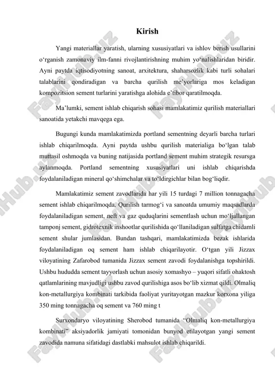 an bunyod etilayotgan yangi sement zavodida namuna sifatidagi dastlabki mahsulot ishlab chiqarildi. prezidentimiz shavkat mirziyoev 2017 yil 10-11 fevral kunlari surxondaryo viloyatiga tashrifi chog‘ida “olmaliq kon-metallurgiya kombinati” aksiyadorlik jamiyatining mazkur loyihasi bilan tanishib, tegishli tavsiyalar bergan edi. shunga muvofiq, yirik zavod qurilishi qisqa vaqtda yakunlanmoqda. yiliga 1,5 million tonna sifatli portland sement ishlab chiqarish quvvatiga ega zavodga xorijdan keltirilgan uskunalar o‘rnatildi. ayni kunlarda so‘nggi montaj ishlarini yakunlashga hozirlik ko‘rilmoqda. loyiha qiymati 212,8 million dollar bo‘lgan korxona foydalanishga topshirilgach, 1000 dan ortiq kishi doimiy ish bilan ta’minlanadi. mahsulotning asosiy qismi ichki bozorga yo‘naltiriladi. yangi korxonada olingan ilk portland sement namunasiga ko‘ra, noyob qurilish materiali ishlab chiqarish quvvati va sifati bilan viloyat sanoatini yanada rivojlantirishda muhim o‘rin tutadi. sement qancha yaxshi tuyilgan bo‘lsa, uning sifati shuncha yaxshi bo‘ladi, tishlanish qobiliyati shuncha oshadi, chunki zarrachalarning umumiy yuzi qancha katta bo‘lsa, modda zarrachalari o‘rtasidagi fizik-kimѐviy jaraѐnlar shuncha to‘la va tez o‘tadi. portlandsement gidravlik bog‘lovchi …