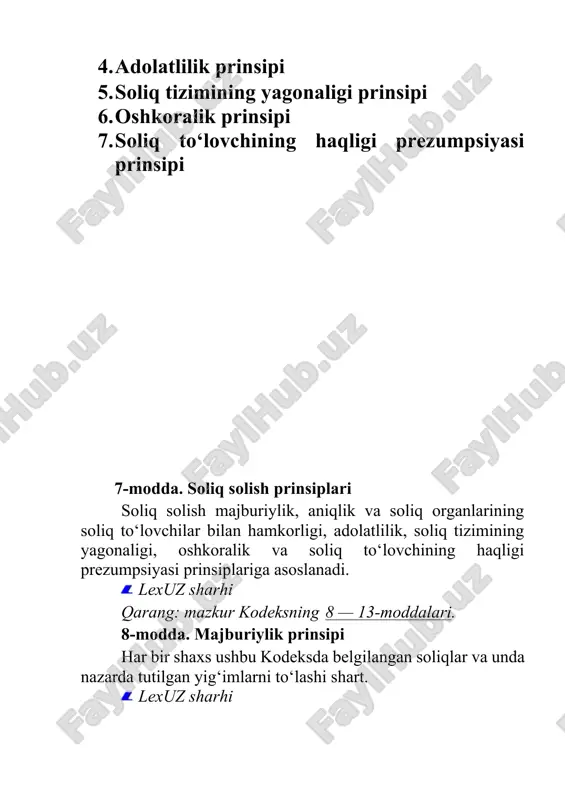 y tartibda to‘lashi kerakligini aniq biladigan tarzda ifodalangan bo‘lishi kerak (7-modda); — soliqlar va boshqa majburiy to‘lovlar bo‘yicha im tiyozlarni belgilash ijtimoiy adolat prinsiplariga mos bo‘lishi kerak (8-modda). huquqiy shaxslarni soliqqa tortish mulkchilik shaklidan qat’i nazar, jismoniy shaxslar esa jinsi, irqi, millati, tili, dini, ijtimoiy kelib chiqishi, e’tiqodi, shaxsiy va ijtimoiy ahvolidan qat’i-nazar qonun oldida tengdirlar; — soliq tizimi o‘zbekiston respublikasining butun hududida barcha soliq to‘lovchilarga nisbatan yagonadir (9 modda); — soliq solish masalalarini tartibga soluvchi normativ huquqiy hujjatlar rasmiy nashrlarda e’lon qilinishi shart (10-modda). soliqqa tortish tamoyillari va soliq qonunchiligi prin siplari ma’lum o‘xshashlikka ega bo‘lib, ularni amaliyotga tatbiq etish iqtisodiyotni yanada rivojlantirishning muhim vazifalaridan hisoblanadi. 9-modda. soliq solishning aniqligi va soliq organlarining soliq to‘lovchilar bilan hamkorligi prinsipi oldingi tahrirga qarang. soliqlarni va yig‘imlarni belgilovchi soliq to‘g‘risidagi qonunchilik hujjatlari, agar ushbu kodeksda boshqacha qoida nazarda tutilmagan bo‘lsa, soliq to‘lovchilarni hamda ushbu soliqlarning va yig‘imlarning boshqa barcha elementlarini, shu jumladan …