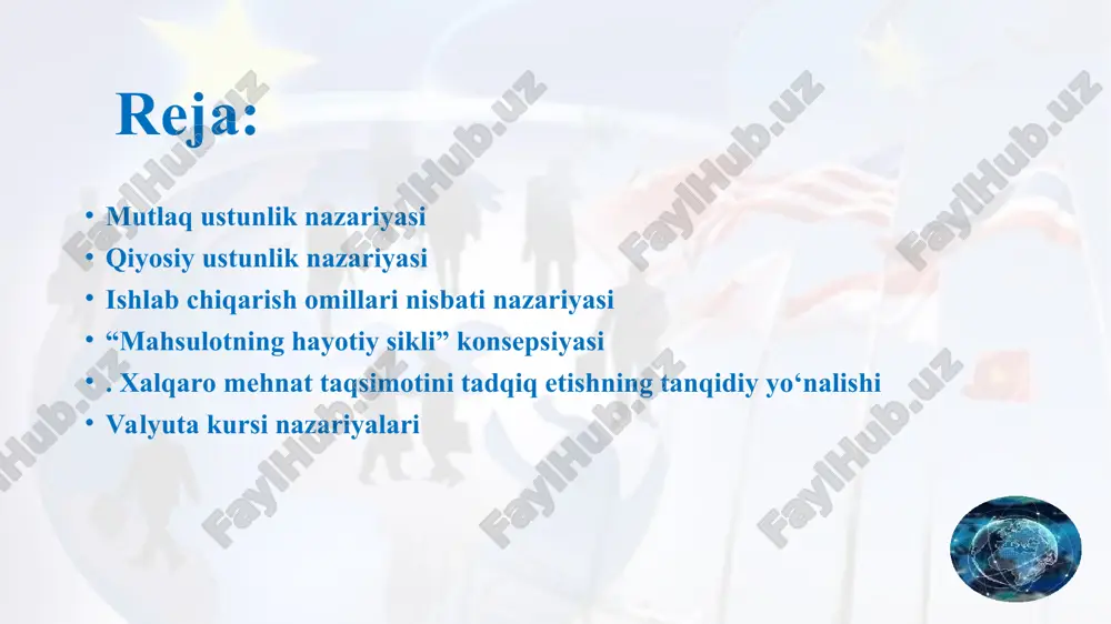 gan holda tashqi savdoda ishtirok etadi. muayyan tovarni ishlab chiqarish bir mamlakat uchun boshqa mamla-katlarga nisbatan qulayroq bo‘lishi mumkin. mamlakatlar xarajatlarni hisobga olgan holda u yoki bu mahsulotlarni ish-lab chiqarishga ixtisoslashishi kerak. eli xeksher (1879-1952) bertil olin (1899-1979) ishlab chiqarish omillari nisbati nazariyasi savdo qilayotgan mamlakatlarda ishlab chiqarish omillari kombinatsiyasi umuman o‘xshash bo‘lgan sharoitda xarajatlar darajasidagi farq asosan ularning ishlab chiqarish omillari bilan ta’minlanligiga bog‘liq; tadqiqotda tashqi savdo xarajatlari nafaqat tabiiy sharoitlardagi farq bilan, balki savdo ishtirokchilari ta’minlangan har xil omillar narxi bilan ham aniqlanadi. bir xil omillar ortiqcha, boshqa bir omillar yetishmaydi. bir turdagi omillarning narxi nisbatan yuqori, boshqa turdagi omillarning – narxi nisbatan past. omillarning narxi ularning kamyobligi bilan aniqlanadi: odatda, tanqis omillar – qimmat, ortiqcha omillar - arzon. agar mamlakatda qandaydir bir omil boshqa omillarga nisbatan ortiqcha bo‘lsa, masalan, arzon ishchi kuchi ko‘p bo‘lsa, unda bu mamlakat mehnattalab mahsulotlarni (to‘qimachilik, kiyim-kechak va b.) ishlab chiqarishga va ularning …