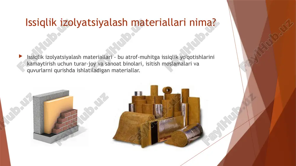 terialning geometrik o'lchamlari butun xizmat muddati davomida saqlanishini ta'minlaydi va "sovuq ko'priklar" paydo bo'lishining oldini oladi. mineral paxtaning kamchiliklari uning yuqori bug o`tkazuvchanligidir . shisha paxta shisha paxta - bu shisha sanoati chiqindilaridan tayyorlangan shisha shtapel tolasi bo'lib, ko'p miqdorda organik bog'lovchi komponentlar mavjud. ovoz va issiqlik izolyatori sifatida keng qo'llaniladi . kimyoviy ta'sirga juda chidamli. gigroskopik bo'lmagan, korroziy bo'lmagan, yonmaydigan, yong'inga duchor bo'lganda toksik moddalar chiqarmaydi. tosh paxta tosh paxta - bu asosan erigan magmatik jinslardan tayyorlangan mineral paxta. bazalt izolyatsiyasi o'z xususiyatlariga ko'ra universal issiqlik izolatsiyasi hisoblanadi. boshqa hech qanday material kabi, u yuqori darajadagi yong'inga chidamlilik bilan mukammal issiqlik izolyatsiyasi va ovoz yalıtımı xususiyatlarini birlashtiradi. mineral tosh paxtaidan tayyorlangan bazalt izolyatsiyasi sanoat, fuqarolik va kam qavatli qurilishda keng qo'llaniladi. shlakli paxta shlakli paxta - eritilgan yuqori o'choq cürufidan tayyorlangan mineral paxta. mineral paxtaning barcha turlari orasida eng past maksimal ish haroratiga ega . 300 darajadan yuqori haroratlarda …