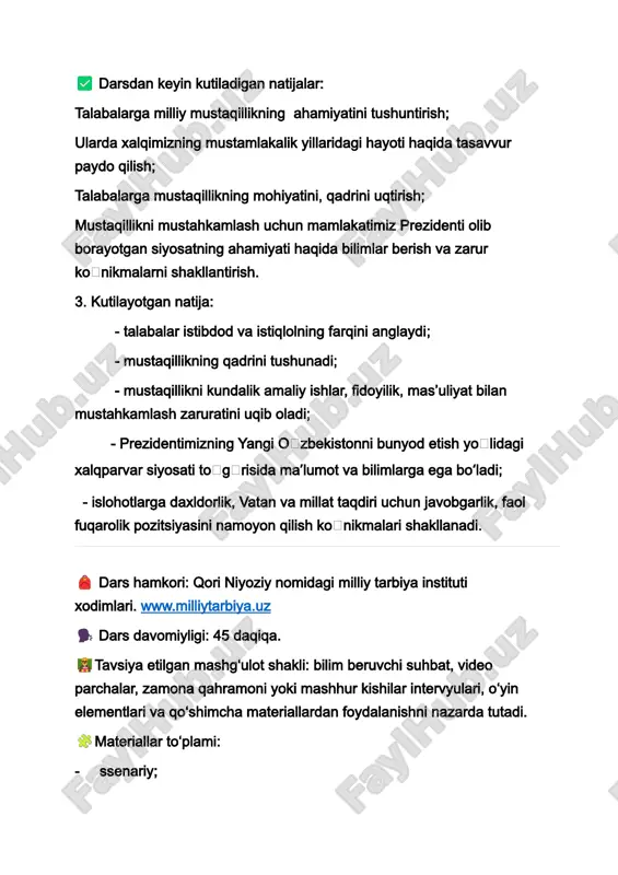 o‘quvchilarining kelgusi faoliyatiga bo‘lgan motivatsiya mashg‘ulot mavzusini aks ettiruvchi materialni ko‘rish va muhokama qilishga asoslanadi. 2-qism. asosiy asosiy qismda o‘quvchilar darsning asosiy ma’nolarini tushunish va ochib berishga yo‘naltiriladi. shu maqsadda o‘quvchilarga tasviriy materialni tahlil qilish, videolarni ko‘rish va bilishga qaratilgan savollar taklif etiladi. 3-qism. yakuniy dars g‘oyalarini umumlashtirish, mashg‘ulotga yakun yasash. dars ssenariysi dastlabki 10 daqiqada mavzuning siyosiy-ijtimoiy ahamiyati, davlat rahbari tomonidan ayni mavzuga oid amalga oshirilayotgan sa’y-harakatlar bayon etiladi (prezentatsiya). 🟦 1. kirish. motivatsion qism(10 daqiqa) dars boshlanishidan talabalar qarshisidagi ekranda (devorda) davlatimiz rahbarining quyidagi fikrlari aks etadi: aynan mustaqillik tufayli milliy davlatchiligimiz qayta tiklandi. oʻzbekiston yangi tarixiy davrga qadam qoʻydi. aynan istiqlol tufayli jahon hamjamiyatidan munosib oʻrin egalladik. shavkat mirziyoyev oʻzbekiston respublikasi prezidenti oʻqituvchi: aziz talabalar! dunyoda nechta til, qancha millat va elat borligini, ulardan nechtasi oʻz istiqloliga erishgani va qay birining mustaqil davlati borligini bilasizmi? 3-4 nafar talaba javobi tinglanadi. oʻqituvchi: men soʻragan masala insoniyatning eng ogʻriqli …