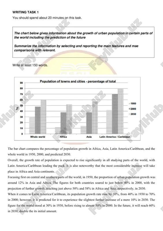 30. when it comes to latin america/caribbean, its population growth rate rose by 30%, from 40% in 1930 to 70% in 2000; however, it is predicted for it to experience the slightest further increase of a mere 10% in 2030. the figure for the world stood at 30% in 1930, before rising to almost 50% in 2000. in the future, it will reach 60% in 2030, double the its initial amount. the bar chart illustrates the proportion of people in a uk region who live within a 15-minute drive of four services: a doctor, post office, primary school, and secondary school. data is shown for both urban and rural populations. overall, all residents in both urban and rural areas have access to a doctor and a secondary school within a 15-minute drive. however, fewer rural residents can reach a post office or primary school within that time. in terms of …