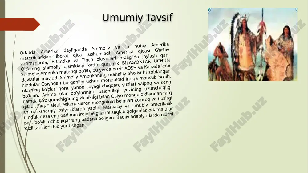 rini ajratib ko‘rsatadilar. ularning birinchisi kichik ko lorado va rio grande daryolari havzalarida joylashgan pueblo va pima qabilalarining ancha takomillashgan sug‘orma dehqonchilikka asoslangan o‘ziga xos madaniyati hisoblanadi. ushbu qabilalar dehqonchilik bilan shug‘ullanganlar, tosh va xom g‘ishtdan ikki va uch qavatli uylar qurganlar, sopol buyumlar yasaganlar hamda paxtadan ip gazlamalar to‘qiganlar. hindular yaratgan madaniy markazning ikkinchisi krik, chiroki, chokto, natchez, chi kaso qabilalarining missisipi daryosi chap qirg‘og‘idan atlantika okeanigacha bo‘lgan hududda joylashgan o‘troq dehqonchilik madaniyati hisoblanadi. missisipi aholisi temir tishli chopqilar bilan yerga ishlov berib, dalalar va o‘simliklarni o‘g‘itlashni bilganlar. qishloq xo‘jaligi mavsumiy ovchilik va termachilik bilan to‘ldirilgan. ularning madaniyati qal’a, qo‘rg‘onlar, ibodatxona va saroy ko‘rinishidagi inshootlar bilan ajralib turgan. madaniy markazning uchinchisi buyuk koʻllar yaqinida joylashgan irokez qabilalari madaniyatidir. irokezlar asosan koʻchma dehqonchilik bilan shugʻullanib, mayda daraxtli o‘rmon va to‘qayzorlarni kuydirib, yangi yerlar ochganlar. ovchilik, termachilik va baliq ovlash ham ular orasida muhim ahamiyatga ega bo‘lgan. irokezlar qishloqlarda jamoa bo‘lib …