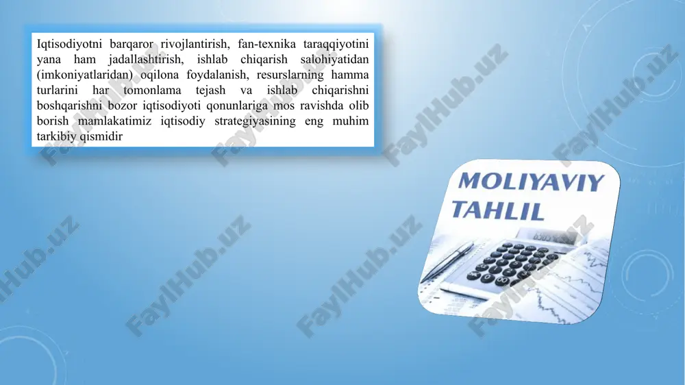 chiqarishni tashkil etish) kabi omillar o`rganilmaydi. texnik-iqtisodiy tahlilda esa texnika va texnologiya hamda ishlab chiqarishni tashkil etishga oid hamma masalalar har tomonlama va chuqur o`rganilib, uning ishlab chiqarish samaradorligini oshirishga ko`rsatgan ta'siri ham aniqlanadi. shuning uchun texnik - iqtisodiy tahlil korxonalardagi mavjud barcha rezervlarni to`la va har tomonlama aniqlashga imkon beradi. korxonalarning xo’jalik faoliyatini tahlil qilish uchun asos qilib olingan quyidagi tamoyillar mavjud: 1.ob’yektning holatini dastlabki iqtisodiy nazariya jihatidan tahlil qilishning zarurligi, o`rganiladigan hodisalarning mohiyati va bir-biriga o`zaro bog`liqligi. 2.tahlilning kompleks xarakterga ega ekanligi hamda o`zaro birbiriga uzviy ravishda bog`liq tahliliy ko`rsatkichlar tizimining qo`llanishi. 3.iqtisodiy ma'lumotlarni tahliliy jihatdan qayta ishlash jarayonida o`rganiladigan hodisalarni guruhlashtirish va ularga ta'sir ko`rsatuvchi omillarni miqdor va sifat belgilariga qarab turkumlash. 4.korxonalar faoliyatini tahlil qilishda taqqoslash usulining ichki xo`jalik rezervlarini aniqlashdagi ahamiyati. 5.tahlil natijalari asosida ilg`or tajribalarni keng yoyish va ommani korxonalarni boshqarishga yana ham keng jalb etish. 6.korxonalarni boshqarishda hisob va hisobotning hal qiluvchi roli, …