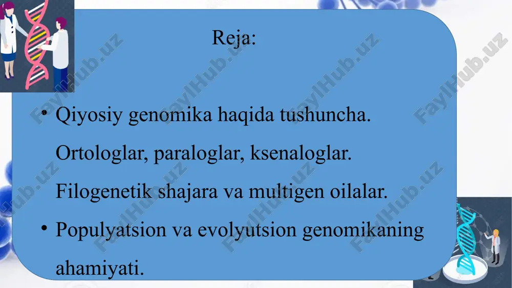 lumotlar asosida, kengroq miqyosdagi birinchi qiyosiy genomik tadqiqot ishlarining natijasi nashr etildi. 1995 yilda ikkita organizmning butun genomi (ya'ni, haemophilus influenzae va mycoplasma genitalium bakteriyalarining genomi) aniqlangandan so’ng, ular qiyosiy genomikada har bir yangi genom ketma-ketligini tahlil qilishda standart komponent hisoblandi. 2000-yillarning oxirida dnk sekvens texnologiyalari, ayniqsa keyingi avlod sekvenslash texnikasidagi yutuqlar tufayli genomni o’rganishda qo’lga kiritilgan ko’plab yutuqlar tufayli bu soha yanada murakkablashdi va bu ko'plab genlarni bitta tadqiqotda aniqlashga imkon berdi. qiyosiy genomika odam va shimpanze kabi bir-biriga yaqin bo'lgan organizmlar o'rtasidagi o'xshashlikning yuqori darajasini va eng muhimi, odam va achitqi saccharomyces cerewiae kabi bir-biriga yaqin bo’lmagan organizmlar o'rtasidagi o'xshashlikni aniqladi. shuningdek, u turli evolyutsiya yo'nalishlari natijasida gen kompozisiyasida juda ko’p xilma-xilliklar kelib chiqqanligini ko’rsatdi. paralog genlar (paralog genlar, yunoncha para — yaqin, bilan, tashqarida va logos — fan) — bir turdagi organizmlar genomidagi gomologik genlar, ajdodlar genining koʻpayishi natijasida hosil boʻlgan. keyin mutatsiyalar va seleksiya yoki genetik …