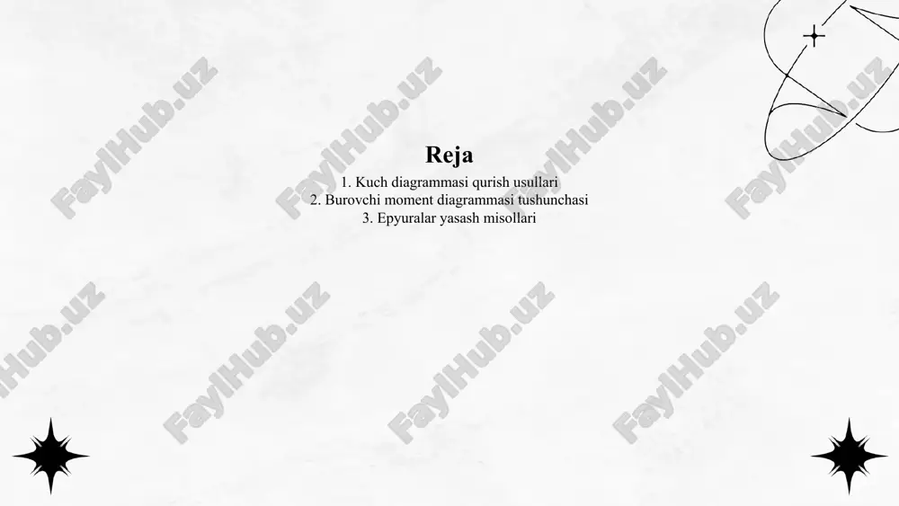 sh va material tanlashda muhim ma'lumotlarga ega bo'lish mumkin. epyuralar qurishda avval boshlang'ich ma'lumotlar – tashqi kuchlar, reaktsiyalar, ta'sir sohasi va konstruktsiya shakli – aniqlanadi. shundan keyin har bir kesim uchun ko'ndalang kuch q va burovchi moment mb hisoblanadi. bu hisoblashlar o'z navbatida konstruktsiya tashqi kuchlari va ularning ta'siri chegaralari bilan bog'liq bo'ladi. misol sifatida bir tomonlama qattiq ostidagi yengil qo'shig'ichni olsak. 4. kuch diagrammasi qurish usullari ko'ndalang kuch va burovchi moment diagrammalari (epyuralar) konstruksiyaning tashqi ta'sirlardan qanday reaksiya ko'rsatishini tushunish uchun juda muhim. bu diagrammalar yordamida konstruktsiya elementlarining ichki kuchlarni qanday taqsimlashini aniqlash mumkin. ko'ndalang kuch q — bu konstruktsiya elementiga vertikal yo'nalgan kuch, burovchi moment mb esa o'z o'qi atrofida aylanishga sabab bo'ladigan momentdir. 5. burovchi moment diagrammasi tushunchasi burovchi moment diagrammasi (epurasi) — bu qurilma yoki konstruksiya elementlarida (masalan, ustun, pult, shakl yoki tashqi kuchlarga ta'sir qiluvchi xavfsizlik asoslari) hosil bo'ladigan buruvchi momentlarning grafigidir. bu diagramma konstruksiyaning …