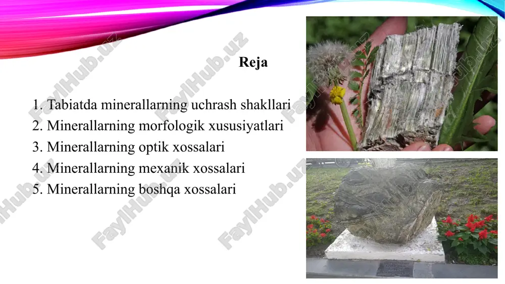 hi — asosan olivin va piroksenlarning gidrotermal o‘zgarishi tufayli vujudga keladi, o‘taasosli jinslarning nurash qobiqlarida hosil bo‘lishi mumkin. qo‘llanilishi — issiqlik va kislotabardosh materiallar ishlab chiqarish uchun; ziynat toshi sifatida foydalaniladi. xrizotil-asbest. tub mohiyati bilan serpentinning ingichka tolali turi sanaladi. dastlab xrizolit deb atalgan. «xrizos» yunoncha - oltin, «tilos» - tola. mineral ba’zan haqiqatan oltin rangida tovlanadi. odatda amfibolli asbestlardan farqli o‘laroq asbest yoki xrizotil-asbest deyiladi. kimyoviy tarkibi serpentinniki kabi: mgo 43,0%, si02 44,1%, h20 12,9%. uchrash shakli — prizmatik. serpentinning yaxlit massasida asbest “tomirchalar” shaklida aniq ajratiladi va unda mineral tolalari odatda tomirlarning devorlariga perpendikulyar mo‘ljallangan bo‘ladi. tolalar uzunligi millimetrning ulushlaridan 20-25 mm, ba’zan 50 mm, kam hollarda 160 mm gacha boradi. optik xossalari. rangi oltinsimon tovlanuvchi yashilsimon-sariq, ba’zan oq, qamroq qo‘ng‘ir, tarqoq holda qordek oq. yaltiroqligi — shoyisimon. mexanik xossalari. qattiqligi 2-3. 0,0001 mm va undan ingichka elastik, juda mustahkam tolalarga (ya’ni ularning ko‘ndalang kesimi kolloidlardagi dispers fazalarning …