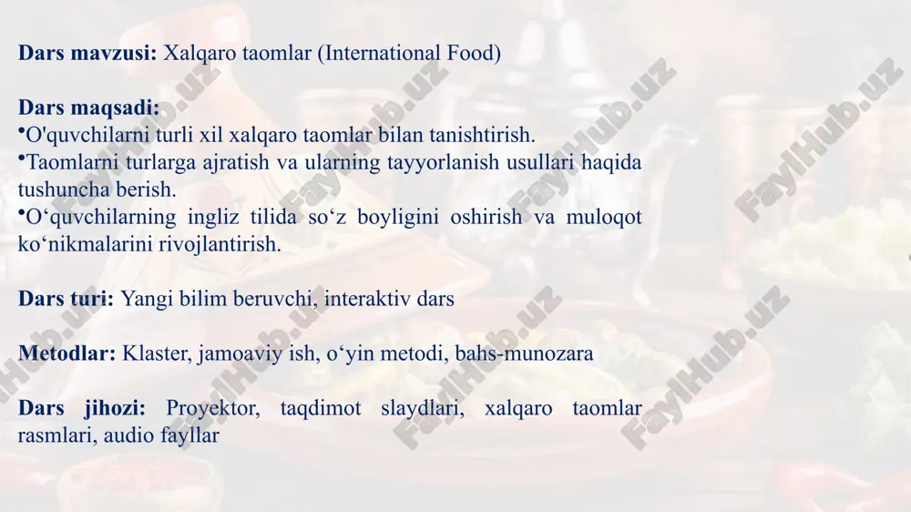 ladilar. ularning tayyorlanish usullari haqida bilimga ega bo‘ladilar. o‘z fikrlarini ingliz tilida ifodalash ko‘nikmalari oshadi. image1.png /docprops/thumbnail.jpeg