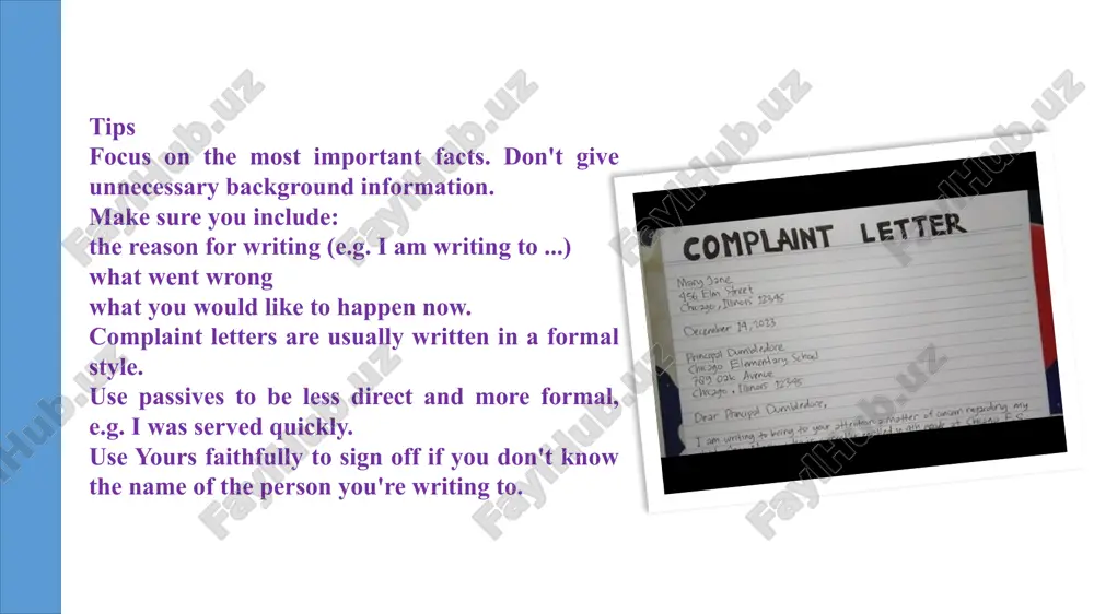 to be unresponsive, the individual has the right to file additional lawsuits or court cases against the firm provided the substance of the complaint is legitimate. guidelines to write a complaint letter -be formal and prevent using harsh or offensive or abusive language. -concentrate on the most critical details. provide no unnecessary background information. -the objective of writing should be obvious. -do not stray from the topic and write concisely. -it is critical to introduce the person authoring the letter. -the date the letter was written, as well as the recipient’s information, should be included. -the subject line should be mentioned clearly. -proofread your message to ensure that there are no grammatical or glaring faults. -make a great presentation and use straightforward language. complaint letter format the following is the complaint letter format: sender’s address date receiver’s address subject: ____________ (mention the reason for complaint) salutation body of the letter: …