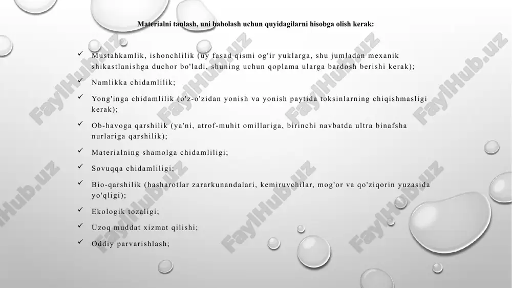 vuqqa chidamli xususiyatlarga ega va bardoshlidir, ovoz o’tqazish xususiyatlarga ega travertenning asosiy xususiyatlari: zichlik - 2,5 - 2,74 g/; issiqlik o’tlazuvchanligi koeffitsiyenti 2 - 2,5 w/m teng g'ovaklilik - 8,2%, og'irligi bo'yicha suvni yutish - 1,7% mustahkamligi - 47 mpa, silikon. issiq va sovuqqa bardoshli; namlik va to'g'ridan-to'g'ri ultrabinafsha nurlanishiga bardoshli; ekologik toza; bug 'o'tkazuvchan; yong’inga yo’qori qarshiligi; barcha turdagi yuzalarda qo’llash mumkin; kamchilik - bu yuqori narx, ammo bu aralashmaning texnik xususiyatlarining oshishi bilan qoplanadi. fasad penoplast zichligi 15-40 kg/; issiqlik o'tkazuvchanligi 0,038-0,042 vat/m*k; suv shimuvchanligi 0,02; bug‘ o'tkazuvchanligi 0,05; ishlash harorati (-)50-( +)75 gradus; ekspluatatsion davri 20-40 yil; mustahkamligi past; g’ovakligi 74%, dojdik-(chukindi tog’ jinsi- yomg’ir ostidagi gips) dojdik - (yomg’ir ostidagi gips)li chukindi tog’ jinsi-; zichlik -2-2,55 g/sm³; issiqlik o’tlazuvchanligi koeffitsiyenti 2-2,2 vt/m⁰c teng; g'ovaklilik - 7,6%; bosim kuchi - 40 mpa, fasadbop marmar plitka fasadbop marmar plitka – metamorf tog’ jinsi; zichligi 2650-2900 kg/; g’ovakligi 0,5-1,5% …