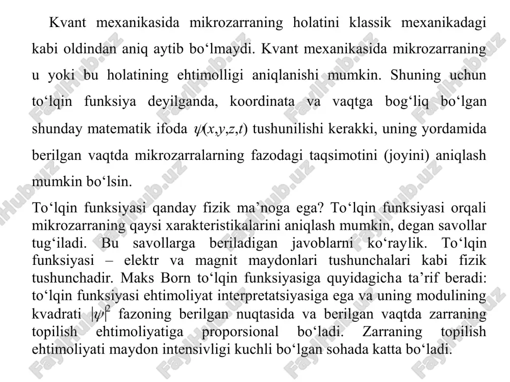 vjudligini, fazoning qaysidir biror nuqtasida bo‘lishini ko‘rsatadi. bunday normalash xususiy qiymatlarning spektri diskret bo‘lganda to‘g‘ri bo‘ladi. xususiy qiymatlarning spektri uzluksiz bo‘lganda, 2 dan olingan integral cheksizlikka aylanadi, shuning uchun xususiy qiymatlar uzluksiz bo‘lganda boshqa normalash shartidan foydalaniladi. image1.wmf oleobject1.bin image2.wmf oleobject2.bin image3.wmf oleobject3.bin = r pr) ( ) , ( - - = et i ae t r h y noaniqlik munosabatlaridan ko‘rinadiki, klassik fizikada ishlatiladigan deterministik prinsiplar kvant mexanikasida to‘g‘ri bo‘lmaydi, chunki zarraning turgan joyi va tezligini bir vaqtda absolyut aniqlikda o‘lchab bo‘lmaydi. demak, kvant mexanikasida zarraning trayektoriyasi to‘g‘risida gapirib bo‘lmaydi. kvant mexanikasida faqat fazoning berilgan nuqtasida berilgan vaqtda zarraning topilish ehtimoliyatining zichligi * ni aniqlash mumkin bo‘ladi. ehtimoliyatning o‘zi esa p=*dv ko‘rinishda ifodalanadi. umuman, funksiya fizikaviy jarayonlarni ifodalashda foydalaniladigan qulay instrument hisoblanadi. p impulsga va e energiyaga ega bo‘lgan mikrozarraning to‘lqin xususiyati quyidagi ko‘rinishdagi de-broyl yassi to‘lqin funksiyasi orqali ifodalanadi: (3) image1.wmf oleobject1.bin image2.wmf oleobject2.bin ) ( t …