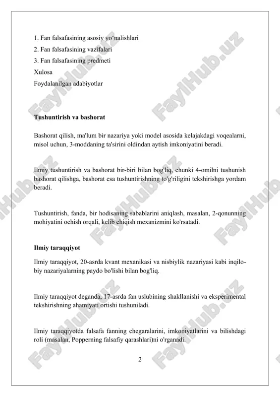 imlarning tuzilishi, o'zgarishi va rivojlanishini tushunish uchun fan falsafasida ilmiy inqiloblar va paradigma almashinuvlari kabi tushunchalar muhim o'rin tutadi. tasdiqlash muammosi, fan falsafasining markaziy masalalaridan biri bo'lib, ilmiy nazariyalarning empirik dalillar bilan qanday qo'llab-quvvatlanishi masalasini o'rganadi. xulosa xulosada 3 ta asosiy element bo'lishi kerak: tadqiqot savoliga javob, natijalarni sharhlash va kelajakdagi tadqiqotlar uchun 2 yoki 3 ta istiqbolli yo'nalish ko'rsatilishi muhim. xulosa 5-10% hajmda bo'lishi kerak, tadqiqot maqsadlariga erishilganligini tasdiqlashi, metodologiyaning 4 asosiy cheklovlarini baholashi va amaliy ahamiyatini ko'rsatishi zarur. xulosa – tadqiqotning yakuniy bosqichi bo'lib, unda asosiy topilmalar va 10% xatolik ehtimoli bilan bog'liq natijalar umumlashtiriladi hamda baholanadi. fan falsafasining vazifalari fan falsafasi 2 xil vazifani bajaradi: birinchisi, ilmiy nazariyalarning mantiqiy tuzilishini tahlil qilib, ikkinchisi, ilmiy bilish jarayonida kuzatiladigan metodologik muammolarni o'rganadi. fan falsafasining vazifalaridan biri – ilmiy bilimlarning chegaralarini aniqlash, 19-20-asrlar davomida shakllangan usullarni tahlil qilib, ularning imkoniyatlarini ko'rsatishdir. ilmiy tadqiqotlarning axloqiy jihatlarini baholash fan falsafasining muhim vazifasidir; …