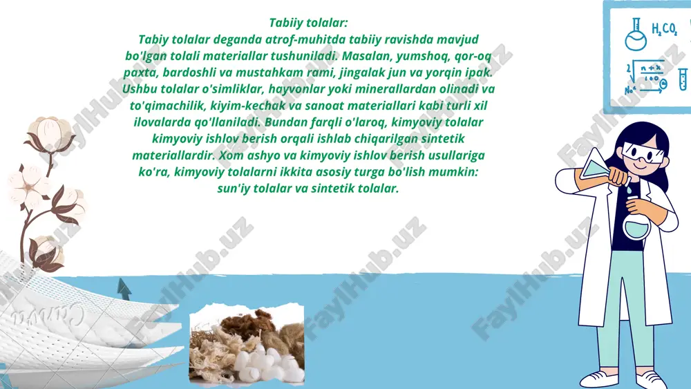 ingan tolalar, masalan, polyester, neylon va akril, ularning mustahkamligi, elastikligi va atrof-muhitning buzilishiga chidamliligi uchun baholanadi. sintetik tolalar product tabiiy va sintetik tolalar o'rtasidagi farqlar. manba: 1. atrof-muhitga ta'siri:2. chidamlilik va ishlash:3. tuyg'u va tekstura:4. manba: tabiiy tolalar to'g'ridan-to'g'ri tabiatdan olinadi, sintetik tolalar esa neft- kimyo materiallari yoki qishloq xo'jaligining qo'shimcha mahsulotlari yordamida kimyoviy jarayonlar natijasida hosil bo'ladi. atrof-muhitga ta'siri: tabiiy tolalar odatda biologik parchalanadi va odatda biologik parchalanmaydigan va mikroplastik ifloslanishga hissa qo'shadigan sintetik tolalarga nisbatan kamroq atrof-muhitga ta'sir qiladi. tuyg'u va tekstura: tabiiy tolalar ko'pincha yumshoqroq, ko'proq organik tuyg'uga ega, sintetik tolalar esa ularni qayta ishlashga qarab, ba'zida sun'iy yoki qattiqroq bo'lishi mumkin. chidamlilik va ishlash: sintetik tolalar tabiiy tolalar bilan solishtirganda ko'pincha kuchliroq va suv, kimyoviy moddalar va hasharotlar ta'siridan zararga chidamliroqdir. biroq, tabiiy tolalar kiyim-kechak ilovalarida yaxshi nafas olish va qulaylikni taklif qiladi. 1990-yilda butun dunyoda tayyorlangan tabiiy tolalarga nisbatan 1,5 barobar koʻp miqdorda (26 mln. …